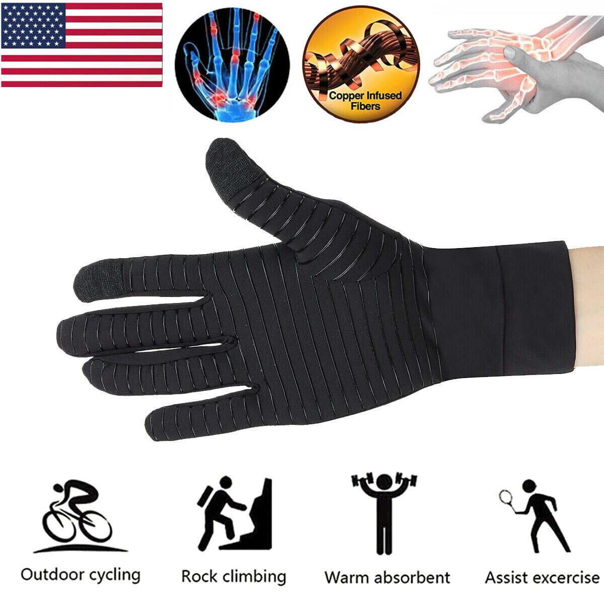Anti Arthritis Finger-Full Copper Compression Gloves Rheumatoid Hands Therapy