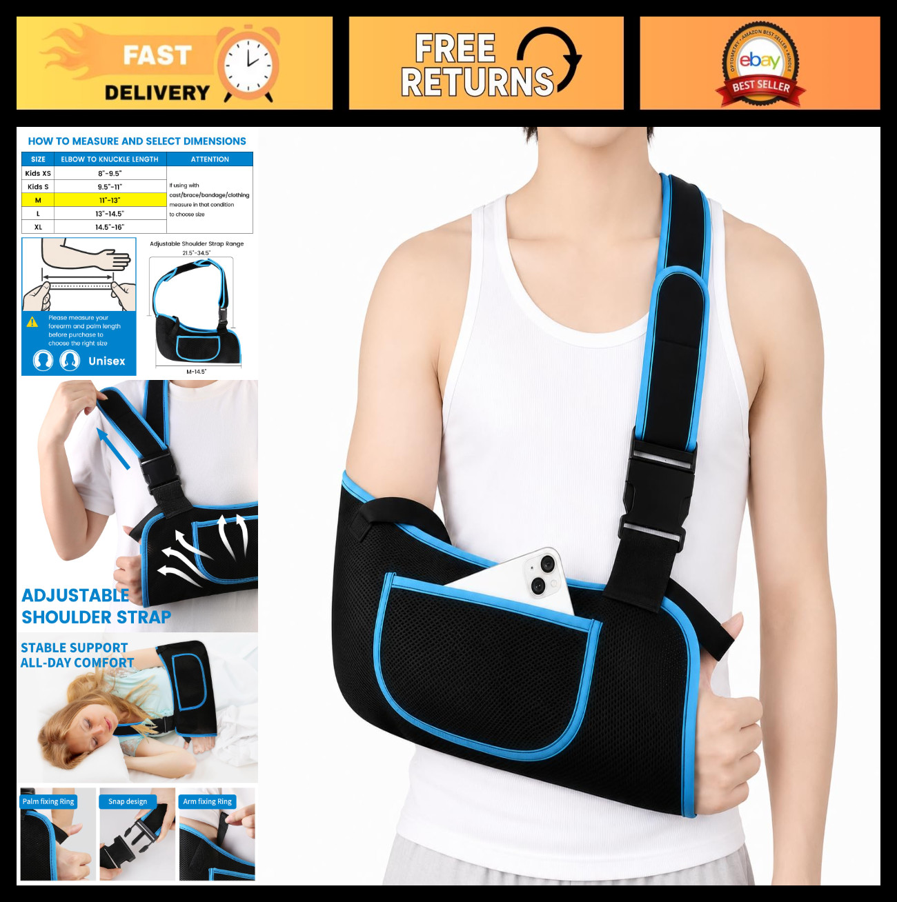 Adjustable Arm Sling Shoulder Immobilizer for Elbow & Wrist Injury Recovery, Com