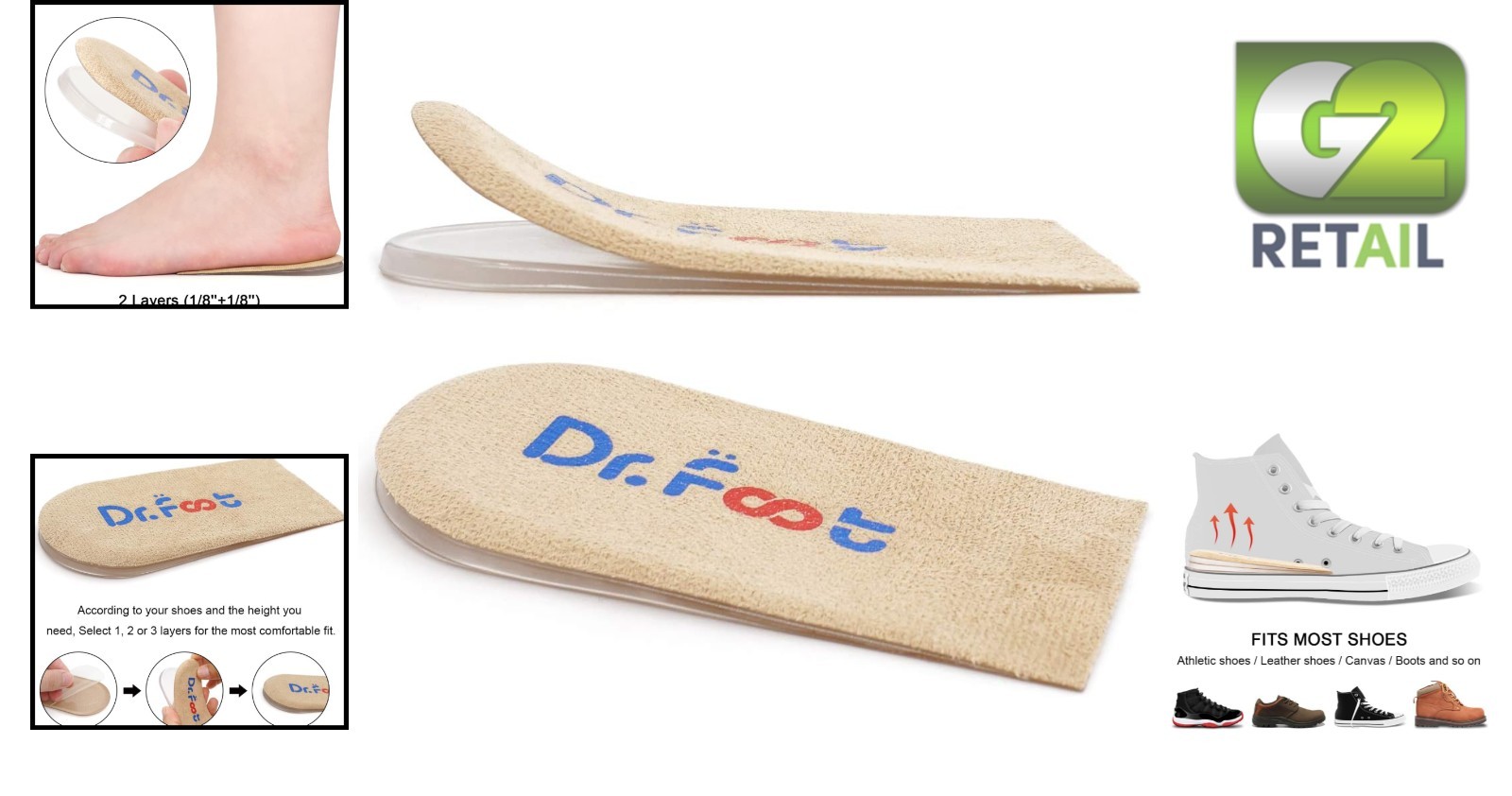 Dr.Foot Adjustable Heel Lift Inserts – Beige Orthopedic Insoles for Comfort