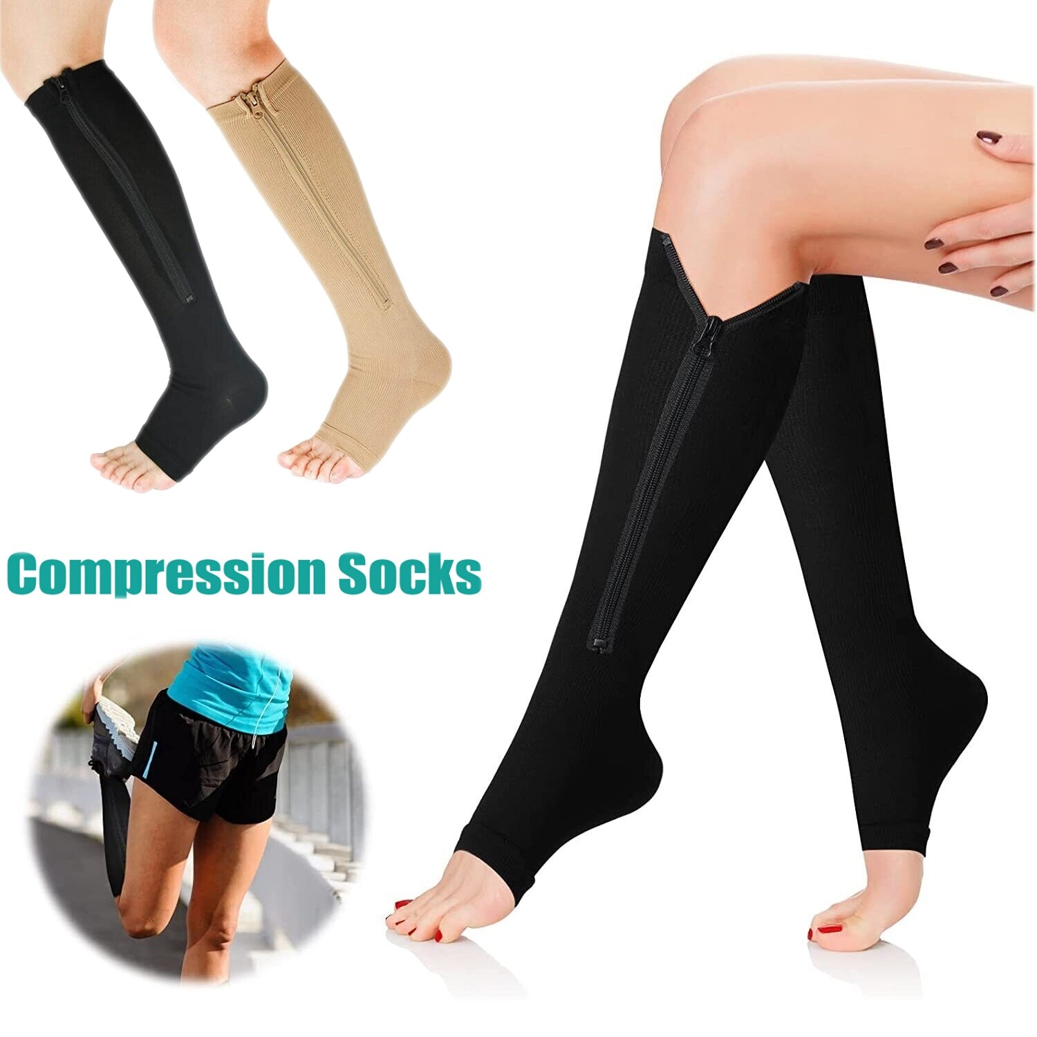 3 Pair Zippered Compression Socks 20-30mmHg Graduated Support Stocking Men Women