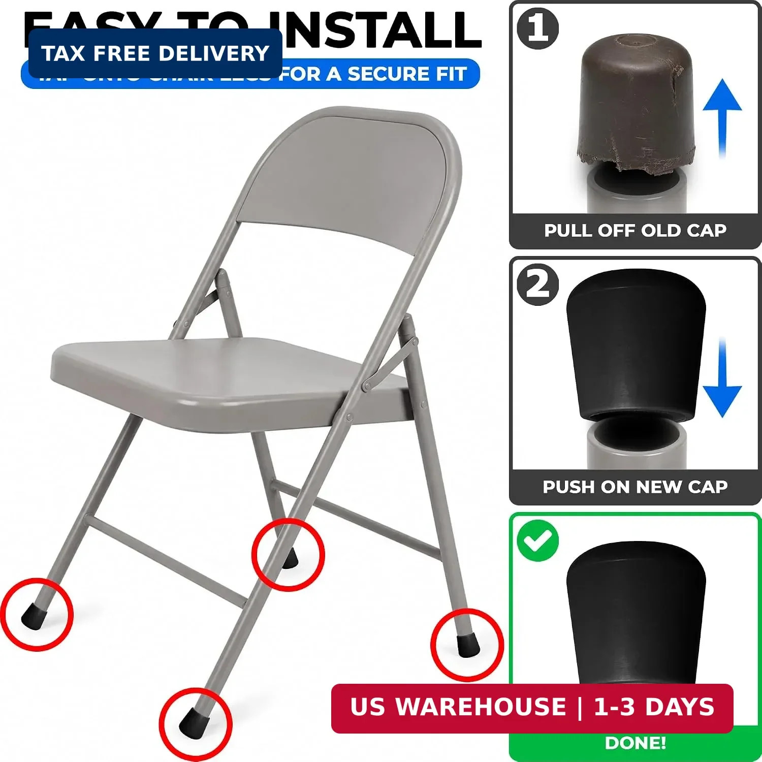 4 Rubber Chair Leg Caps 7/8 Inch Black, Non-Slip Padded and Metal Folding Chair