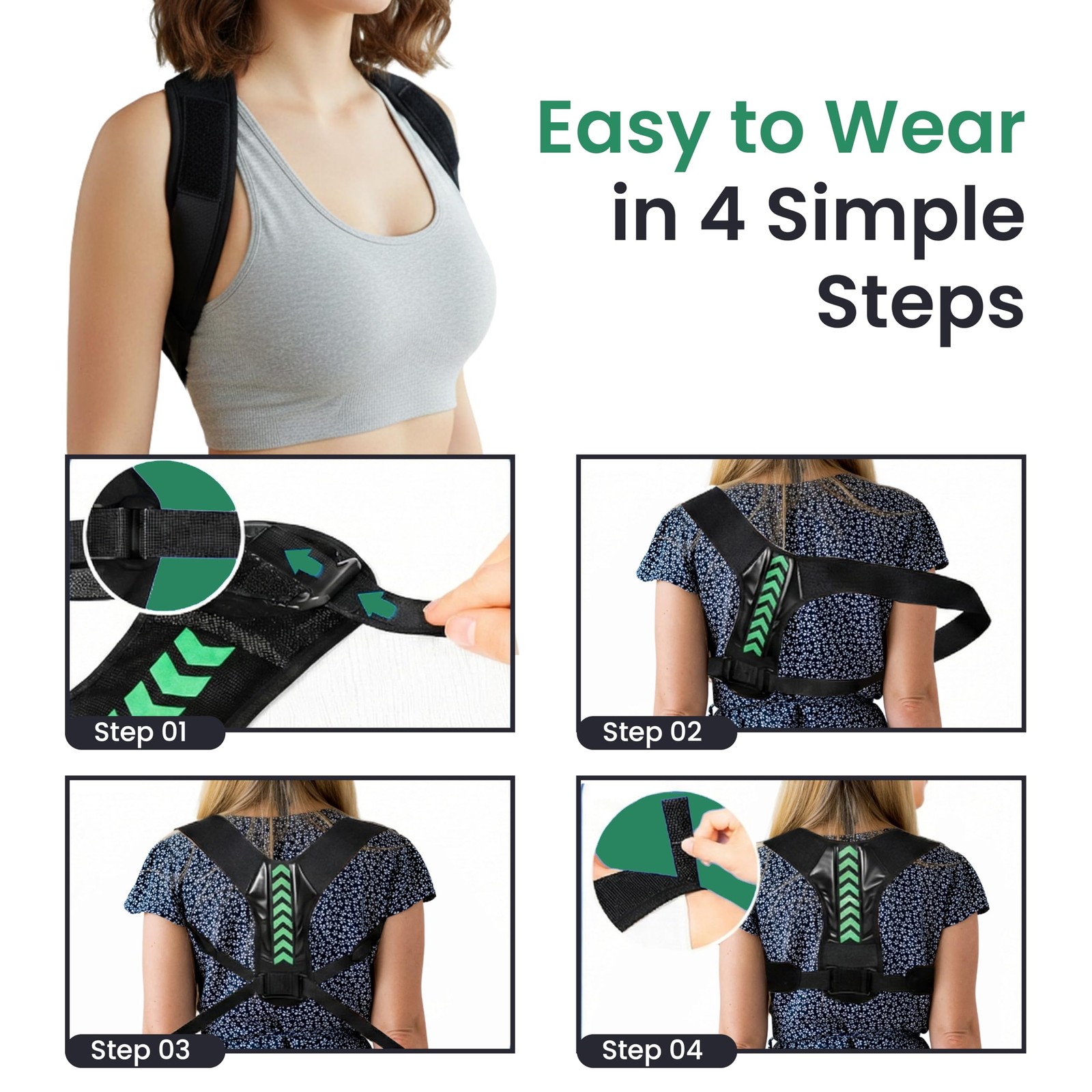 Posture Support Brace for one size (Adjustable), Black with Green Accent