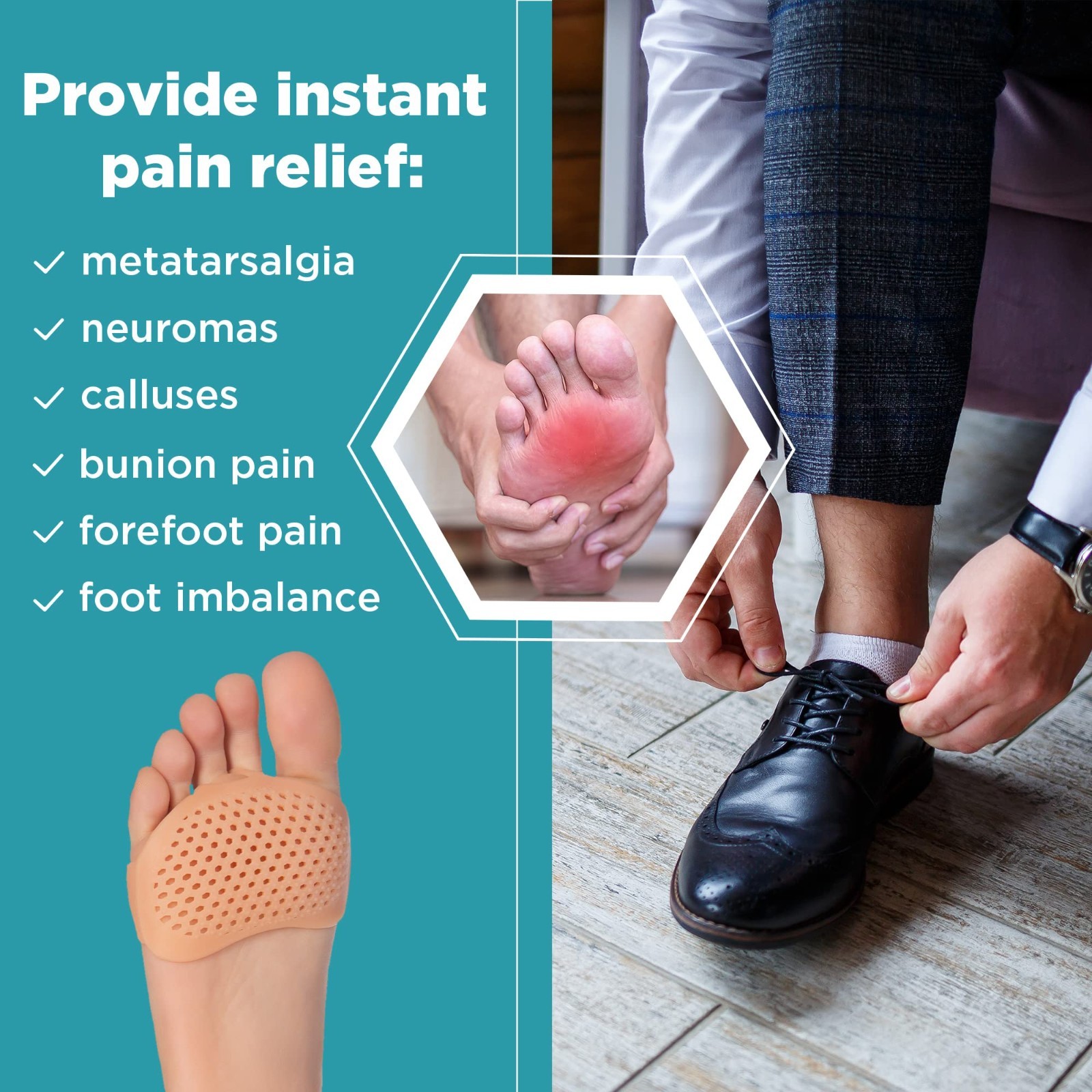 4‑Pack Gel Metatarsal Foot Pads –Ball of Foot Cushions for Pain & Neuroma Relief