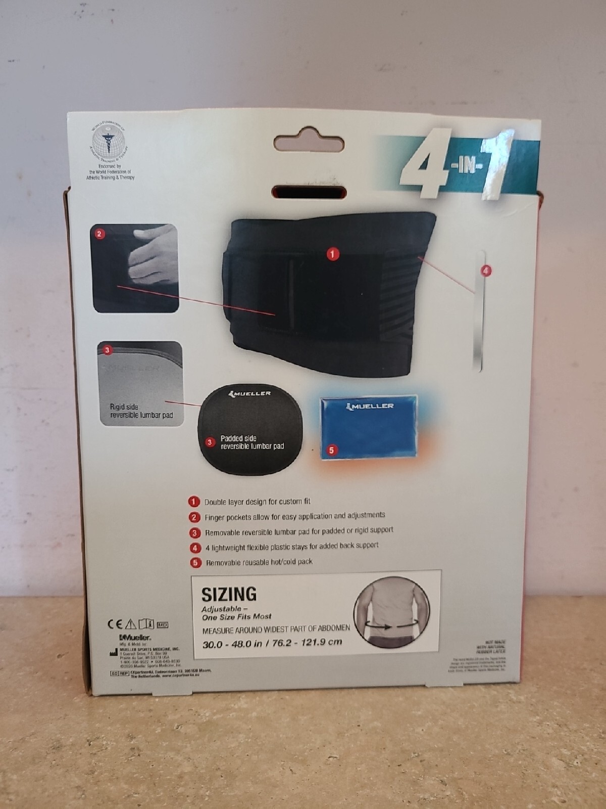 Mueller 4-in-1 Hot/Cold Lumbar Back Brace, One Size (Fits 30 – 48 in) Black