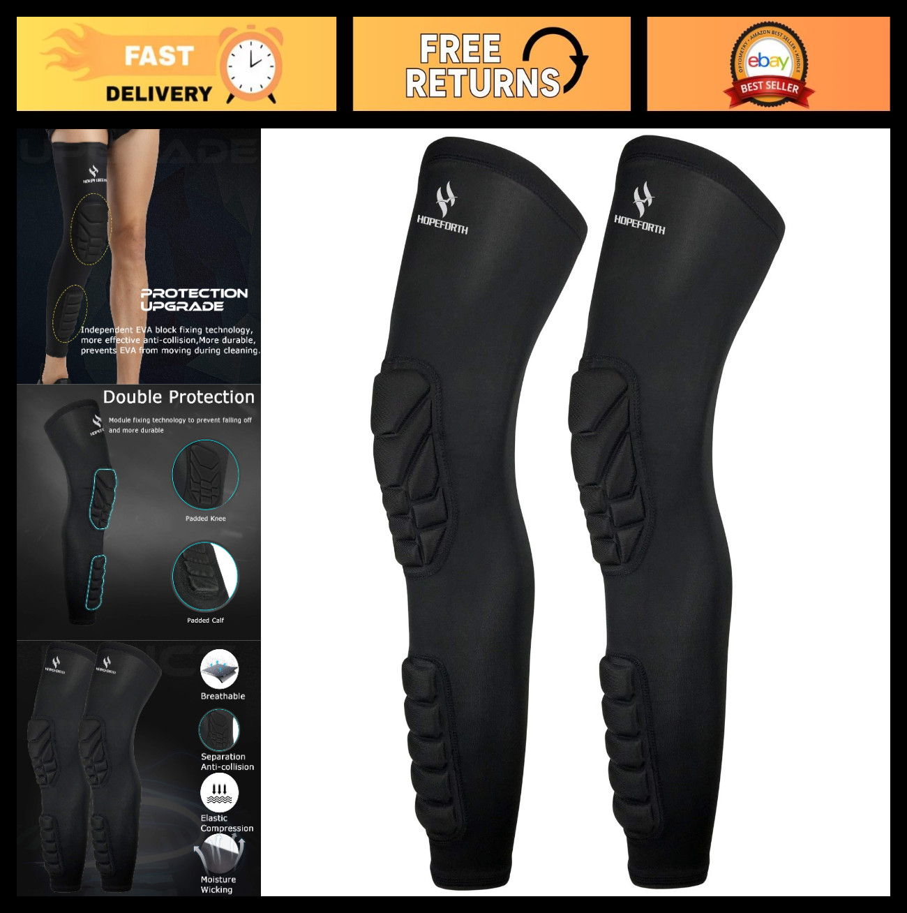 Compression Leg Sleeves for Knee & Calf Support – Padded Shin Protection (2 Pack