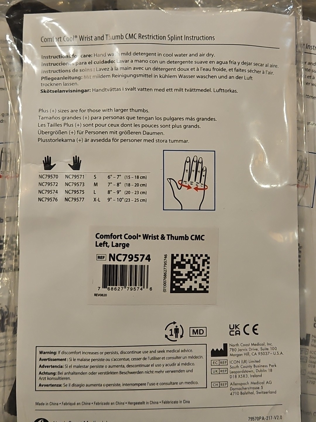 NEW Comfort Cool Thumb and Wrist CMC Restriction Splint BLACK LEFT LARGE NC79574