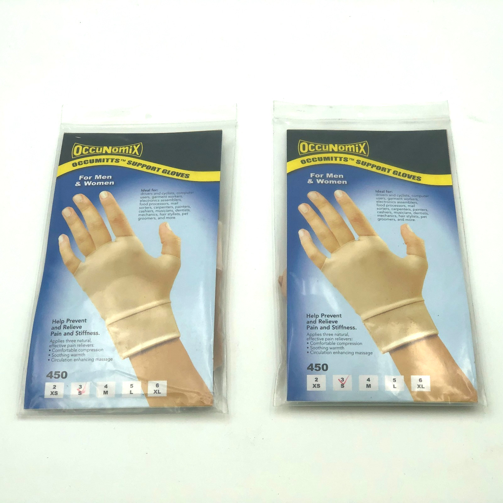 OccuNomix 450-3S OccuMitts Gloves Small Wrist Hand Support Fingerless 2 pairs