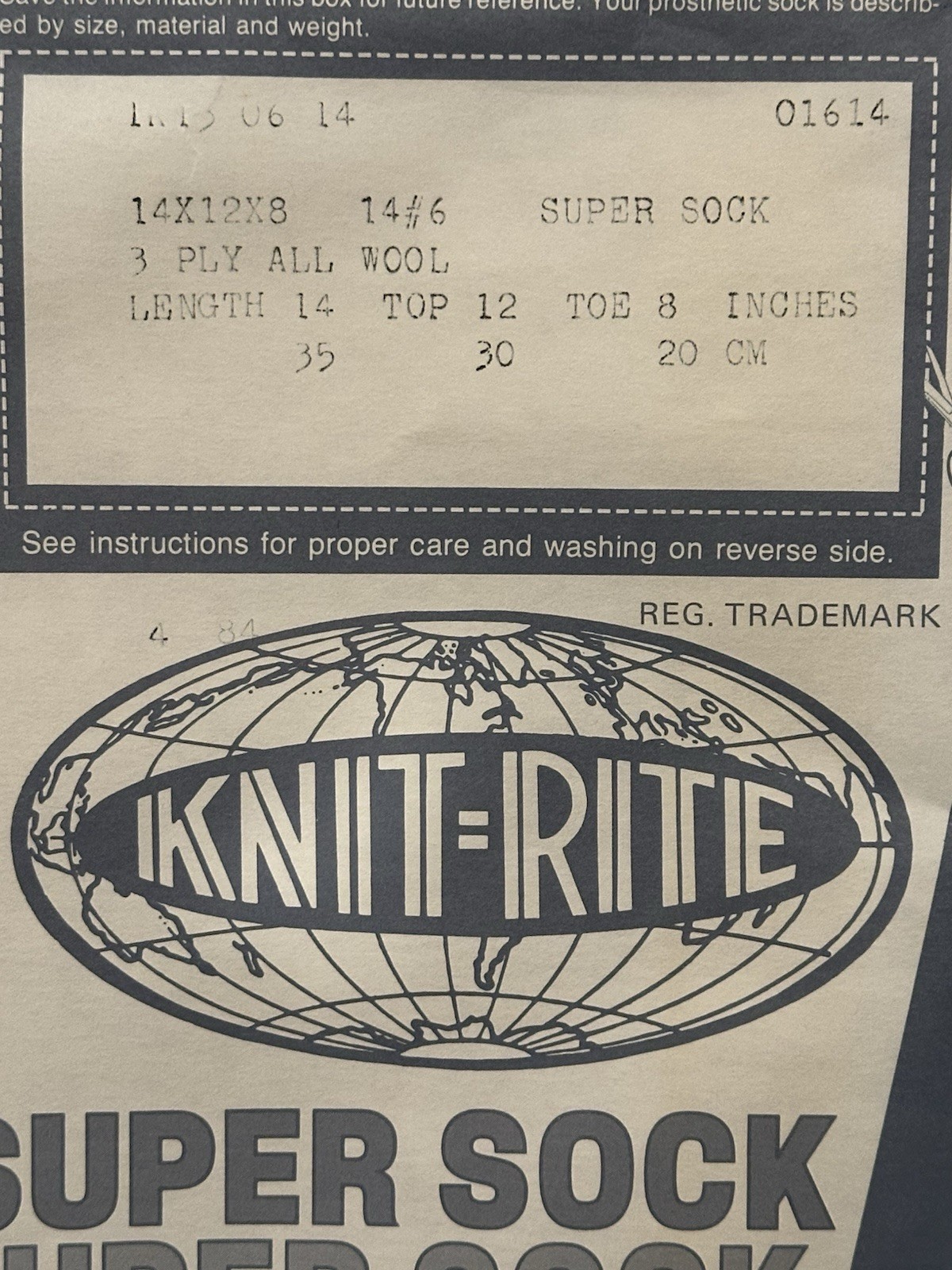 (5) Knit-Rite Prosthetic Super Sock 100% Wool 3 PLY 12” Top 8” Toe x 14” 01614