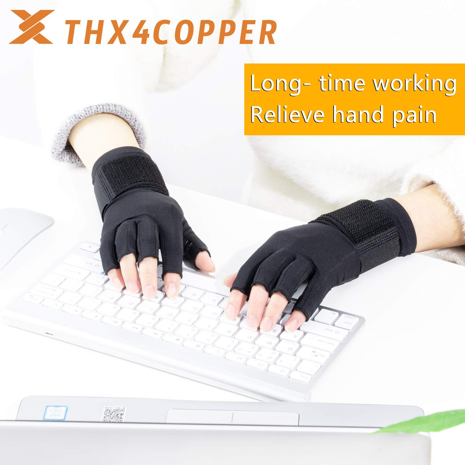 THX4COPPER Compression Arthritis Gloves with Strap, Large-X-Large, Black