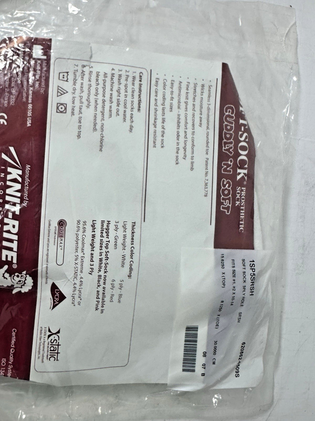 PROSTHETIC SOFT-SOCK BY KNIT-RITE 5 PLY 1SPS5SRSH NEW