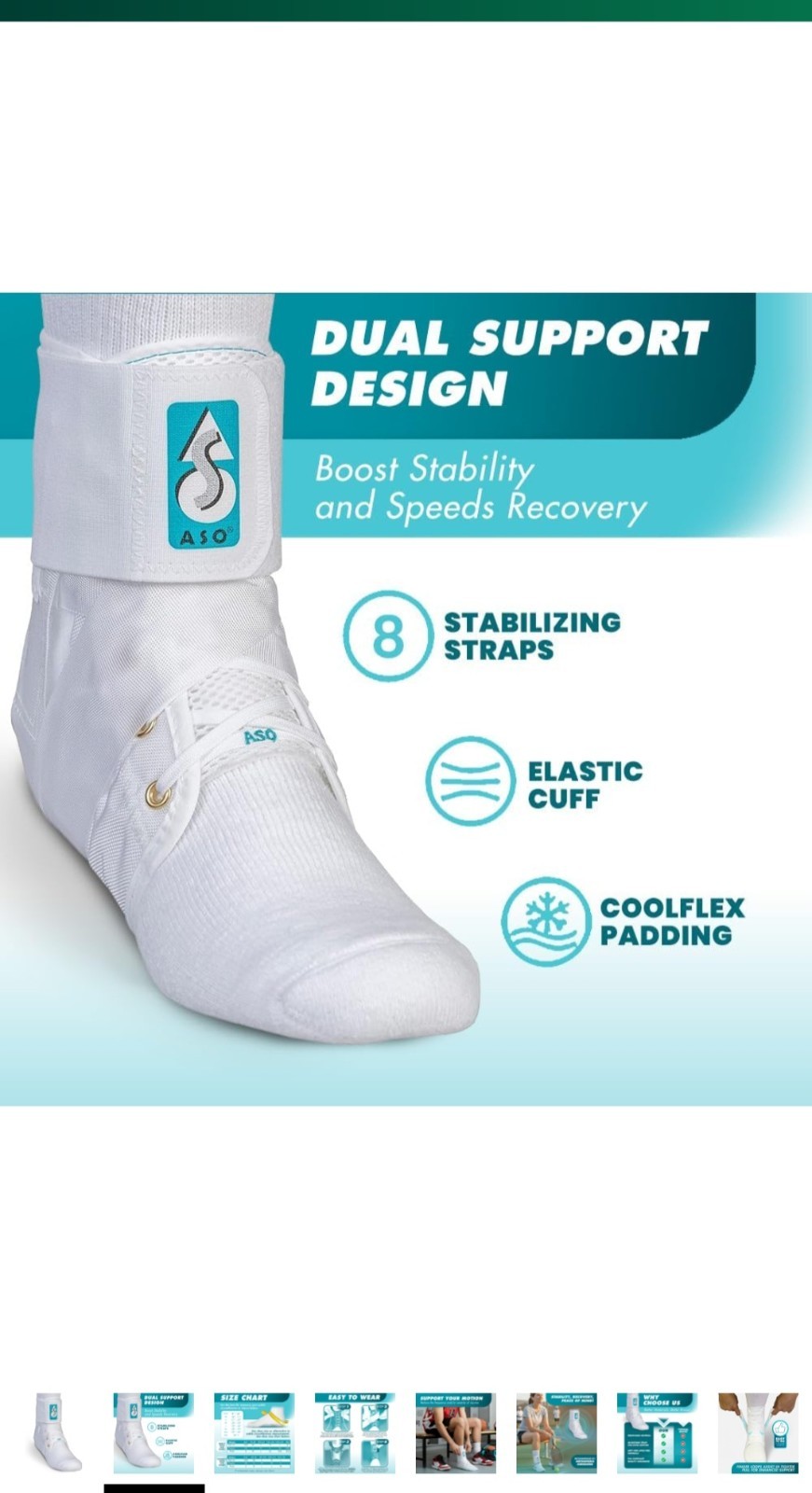 ASO Ankle Stabilizer Brace Adjustable Breathable Latex-Free CoolFlex White