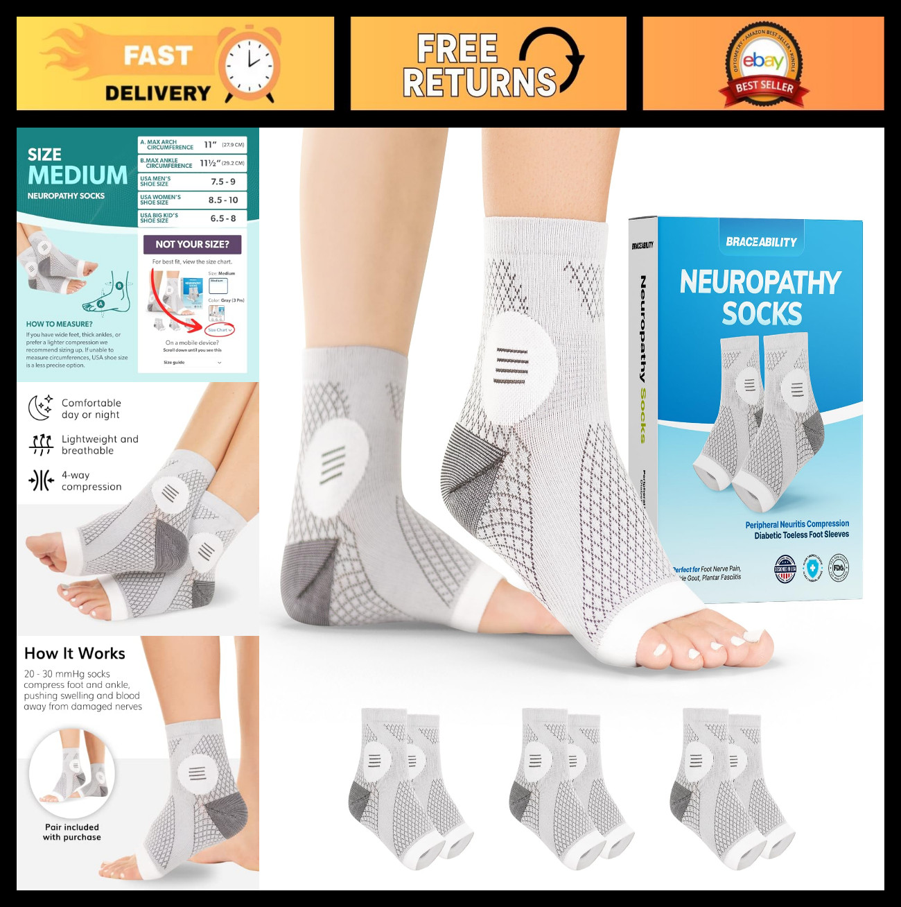 Compression Neuropathy Socks (3 Pairs) – Toeless Foot Sleeves for Diabetic Relie