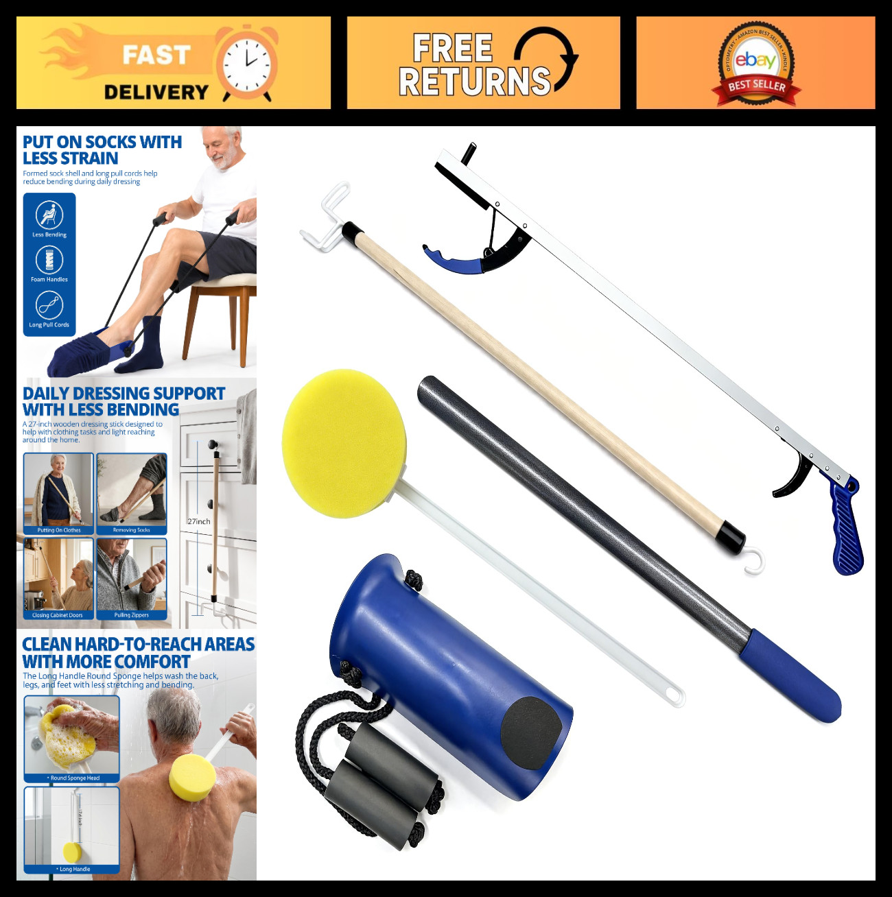 5-Piece Hip & Knee Surgery Recovery Kit – Mobility Aid Set with Reacher, Sock Ai