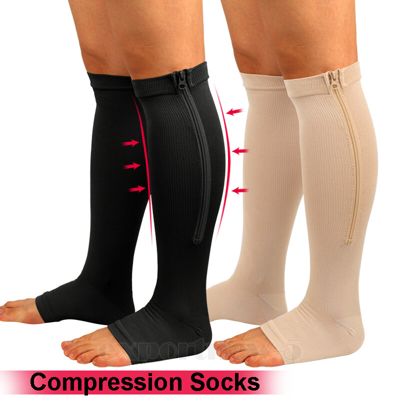 Zipper Medical Compression Support Socks for Women and Men Knee High Open Toe