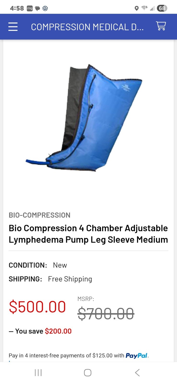 Bio Comfort Model 4-3024-S Lower Extremity Sleeve 4 Chamber Leg Short 27″