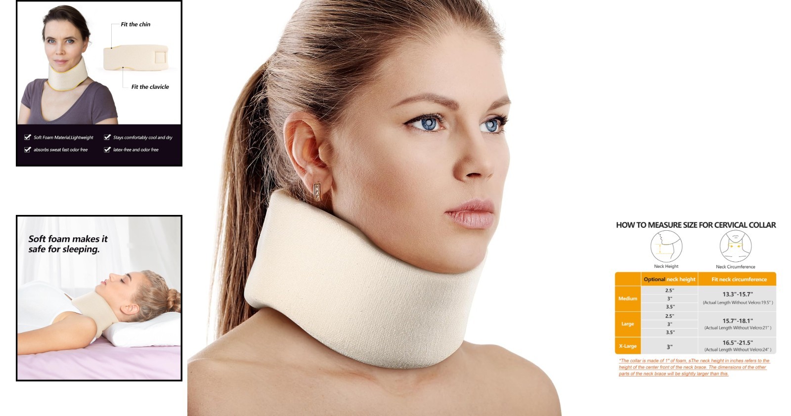Comfortable Cervical Collar, 2.5″ Depth – Adjustable Foam Neck Brace for Relief