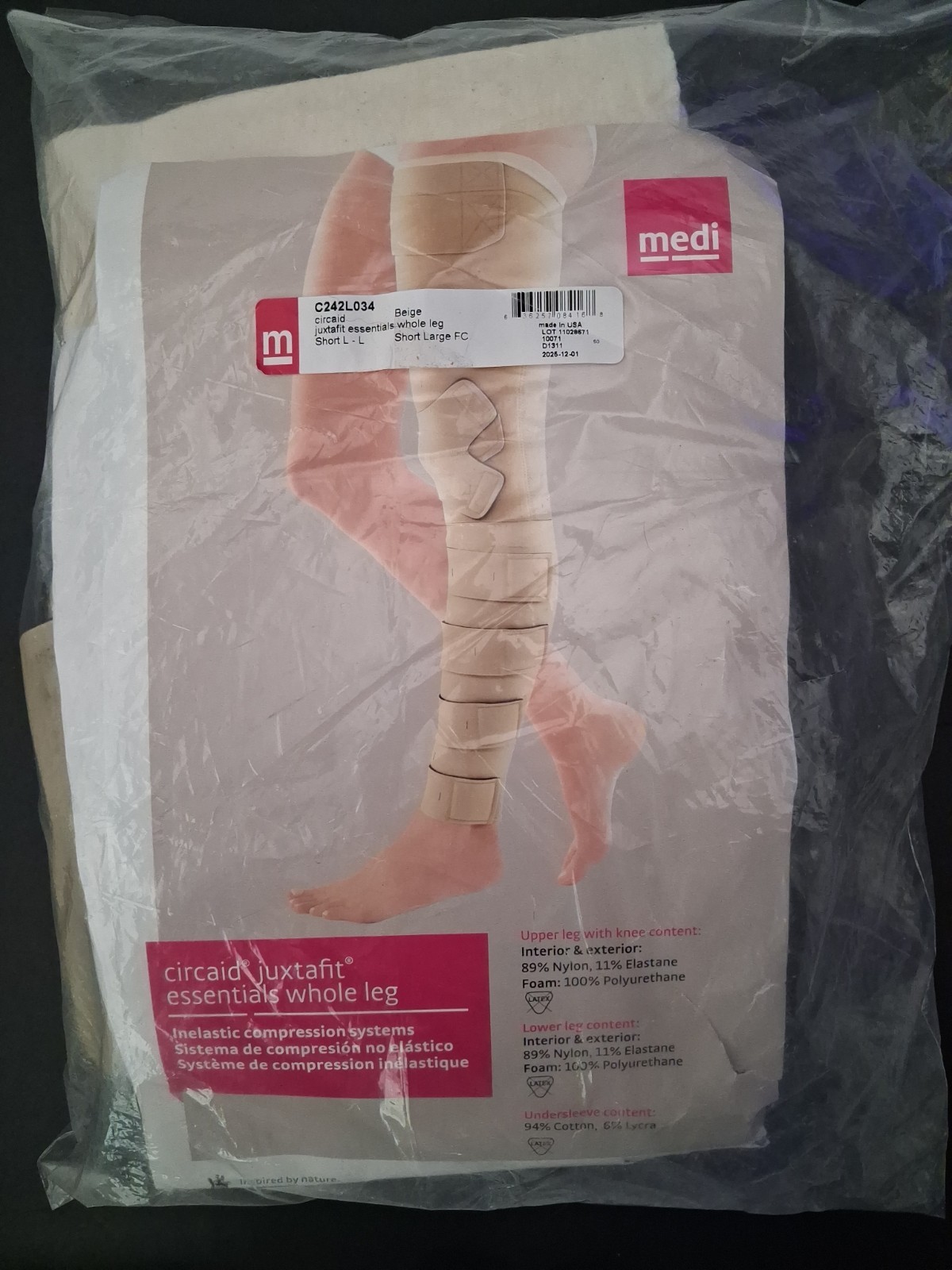 Medi Circaid Juxtafit Essentials Whole Leg Short Large Left Beige C242L034 NEW