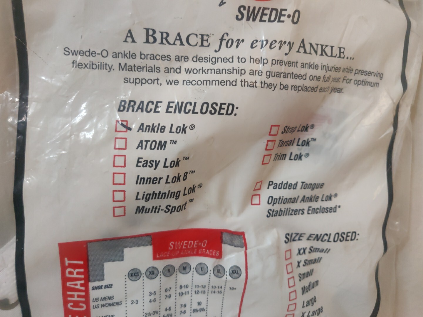 SWEDE-O Ankle Lok Brace Size XXL (US Sz 15+) White Lace/Strap