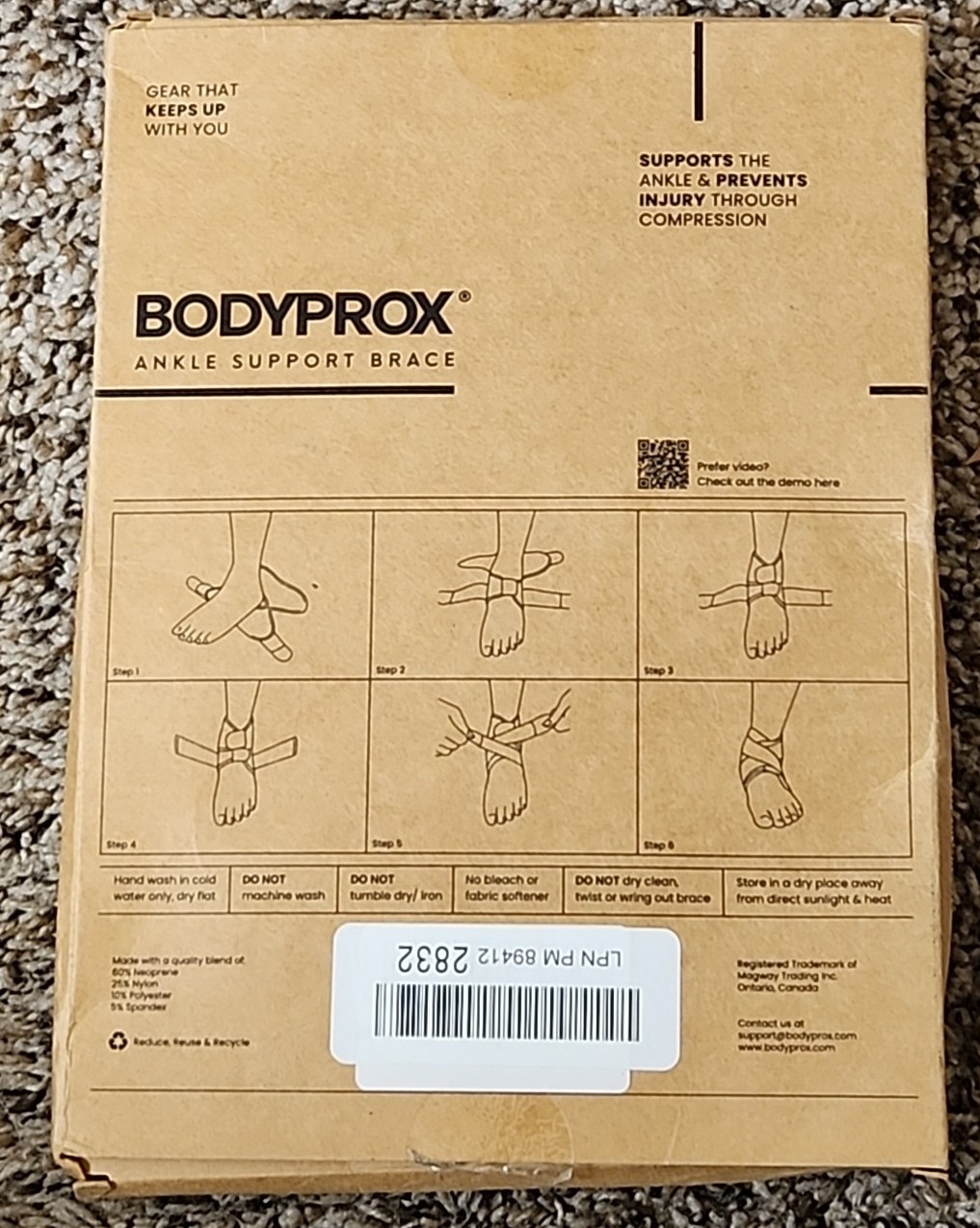 Bodyprox Ankle Support Brace, Breathable Neoprene Sleeve, Adjustable Wrap! NIB!