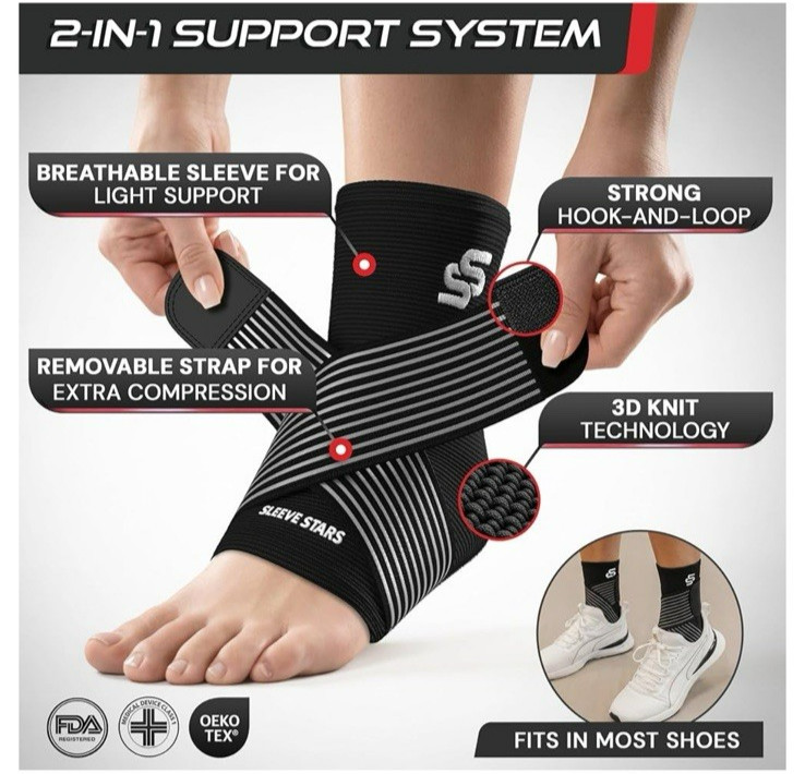 NEW Sleeve Star Ankle Support Sprained Ankle Planter Fasciitis Pair Unisex Black
