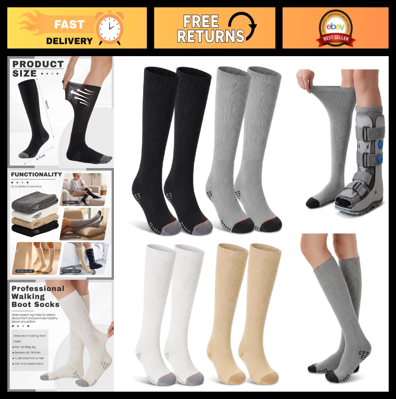 4 Pairs Orthopedic Boot Socks Replacement Liner for Walker Brace & Cast – Black,