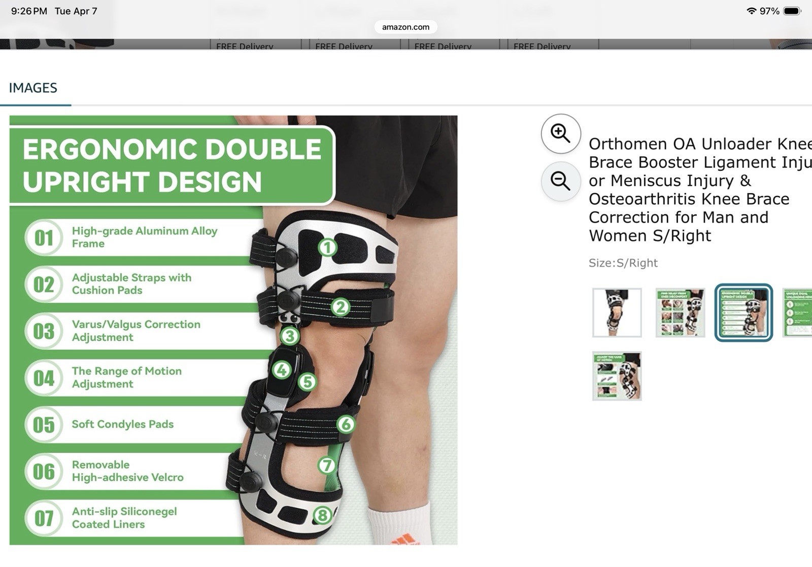 Orthomen OA Unloader Knee Brace Booster Green S/LEFT Ligament Injury, Unisex