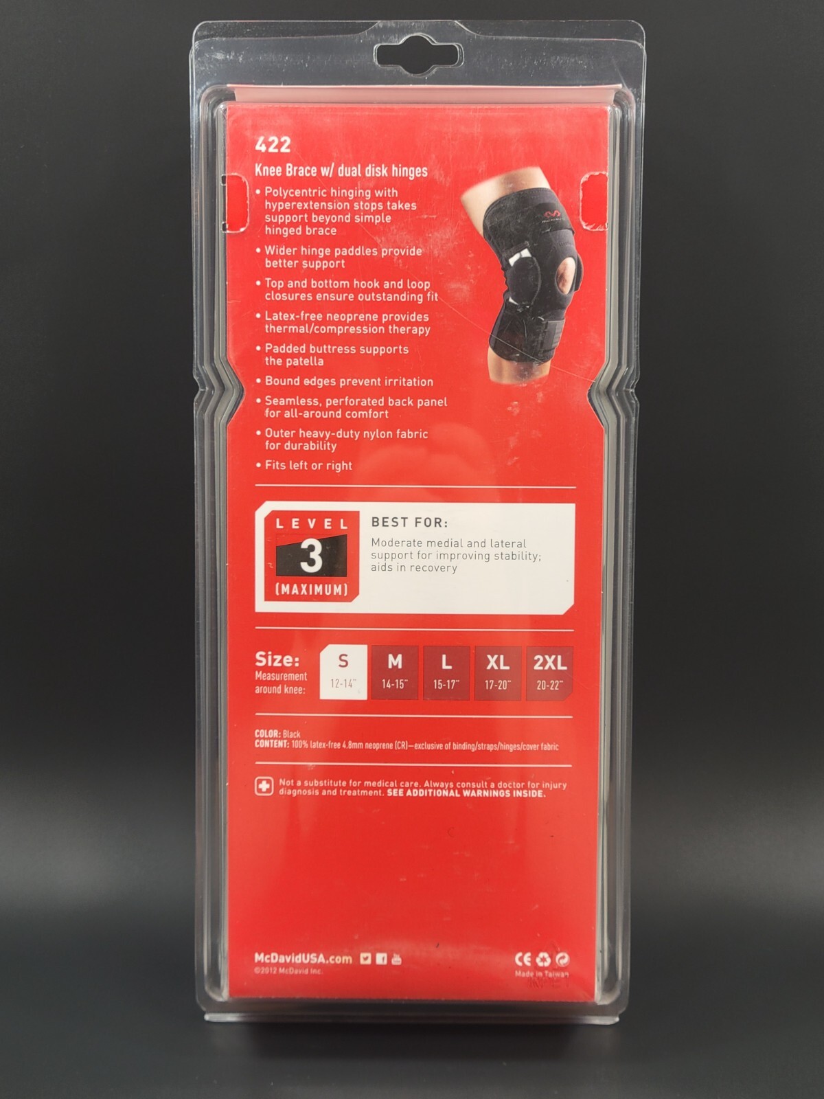 Mcdavid 422 Knee Brace w/ Dual Disk Hinges Size S SMALL 12″-14″ Level 3 Support