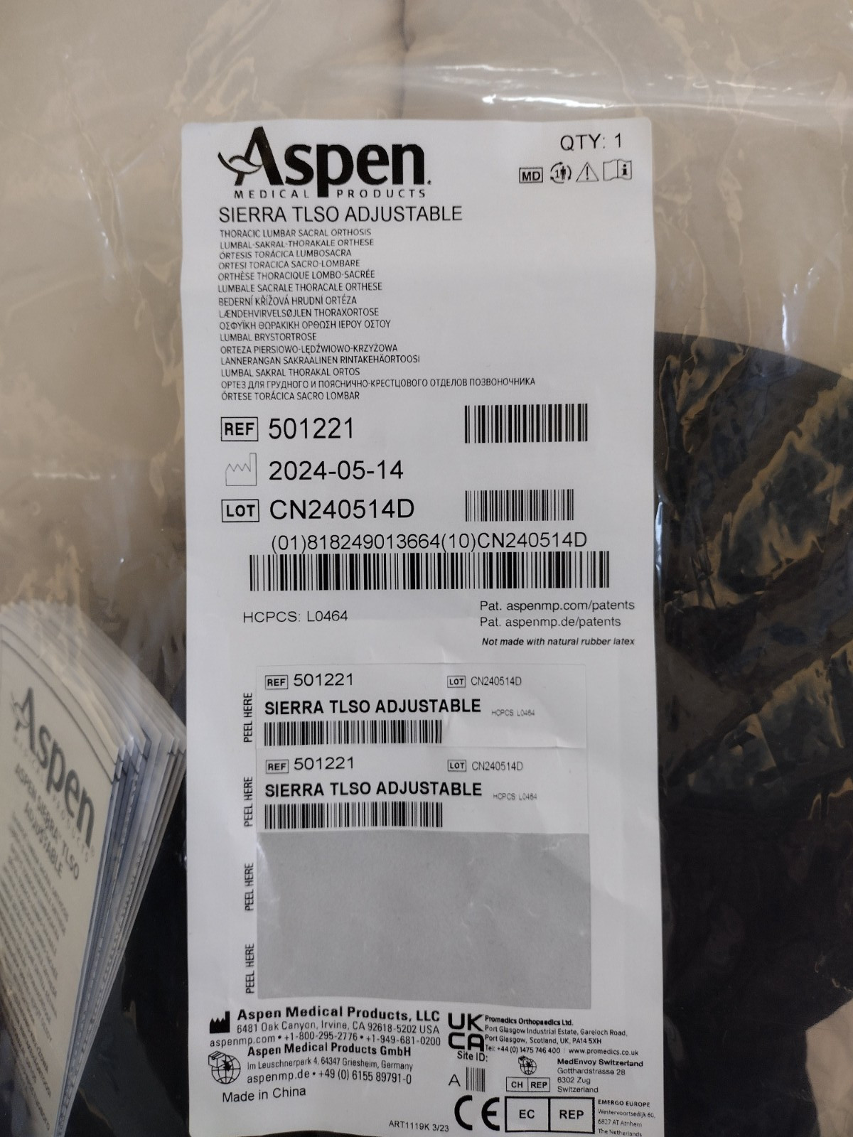 Aspen Medical Acute TLSO Lower Spine Lumbar Back Brace Adjustable One Sz 501221
