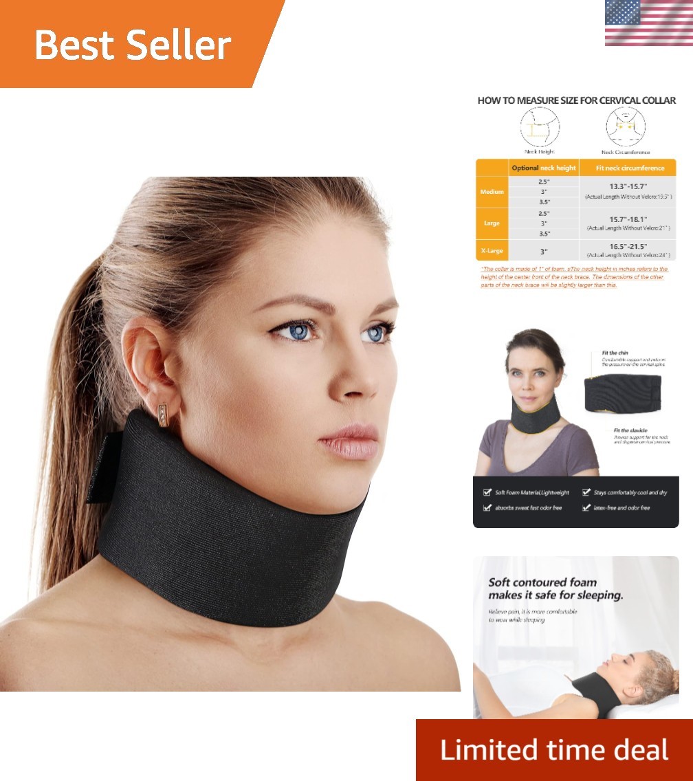 Black Soft Foam Neck Brace – Adjustable Cervical Support for Proper Alignment, M