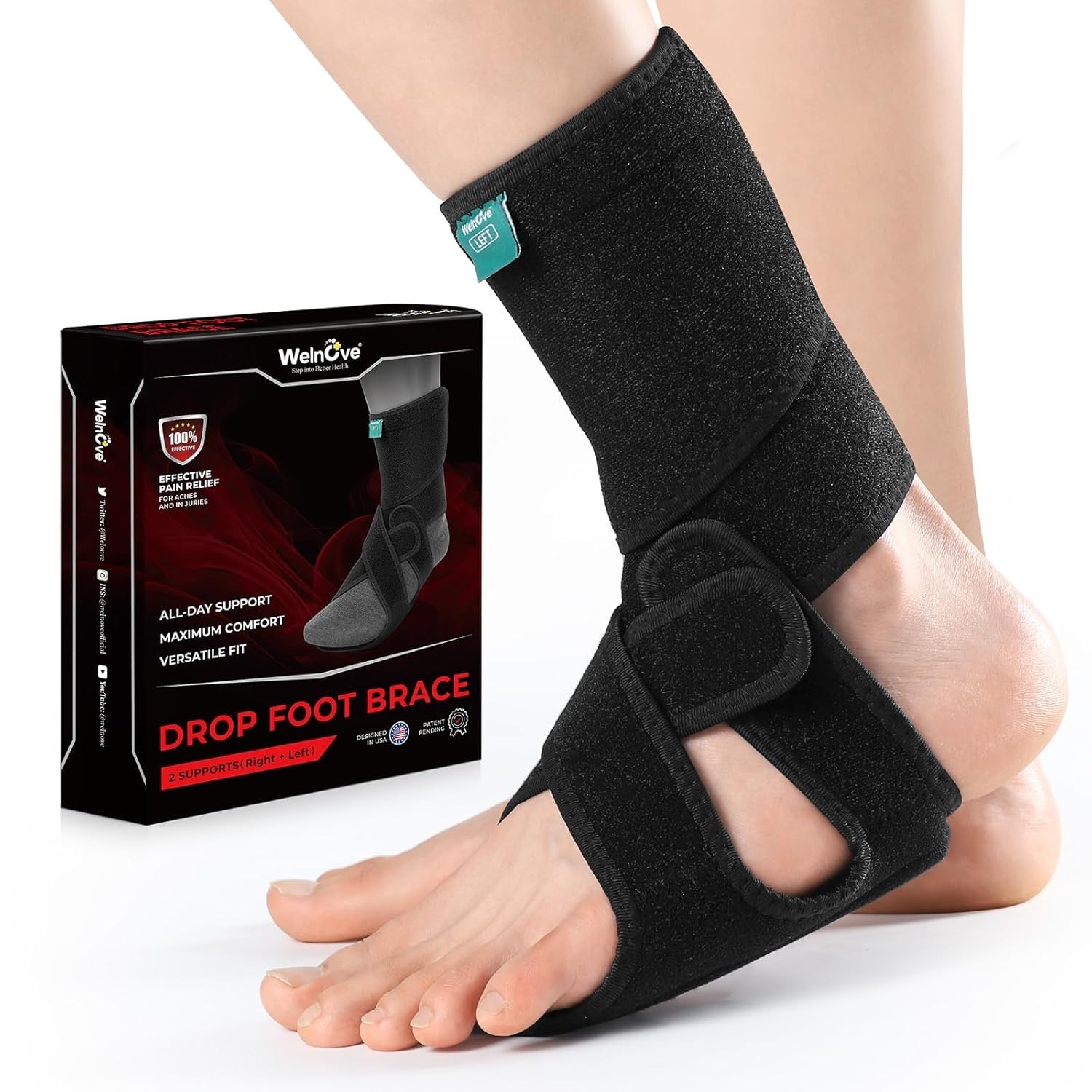 Welnove 2 Pack Drop Foot Brace with Arch Support，AFO Ankle Brace for Walking ，Re
