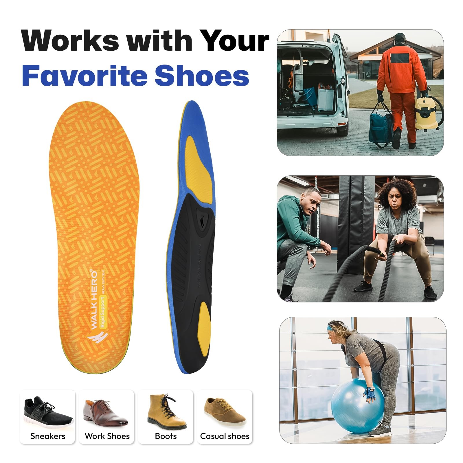 WalkHero Plantar Fasciitis Insoles Mens 8-8.5 Womens 10-10.5 Orange