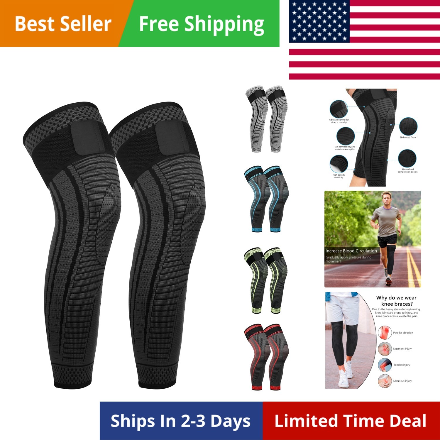 Full Leg Compression Sleeves 2 Pack Long Knee Support for Men and Women for A…