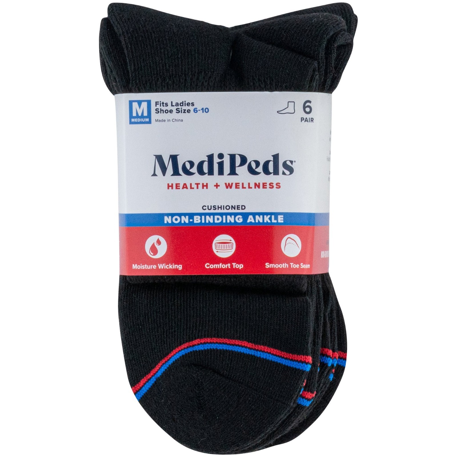 MediPeds Diabetic Black Women’s Ankle Sock 6 Pairs Women’s Shoe Size 6-10