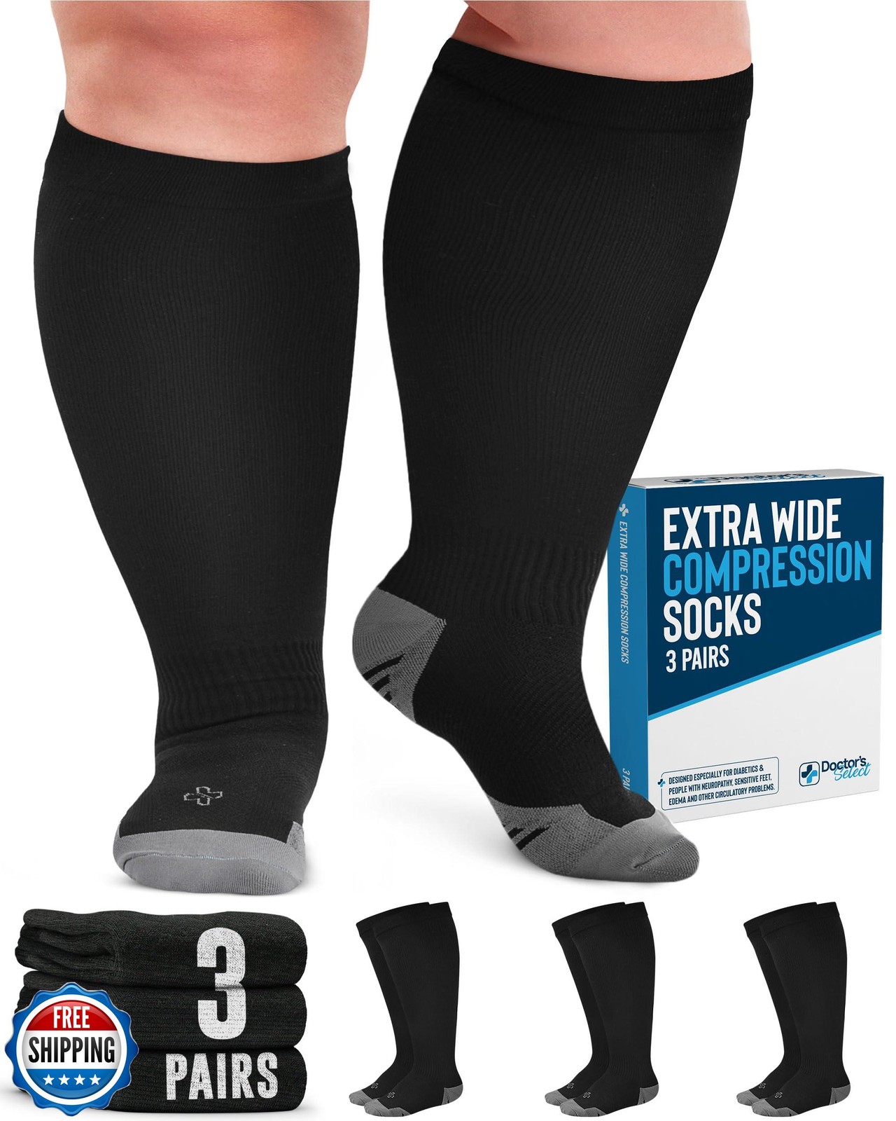 Doctor’s Select Plus Size Compression Socks Wide Calf – 3 Pairs | Up to 6XL |