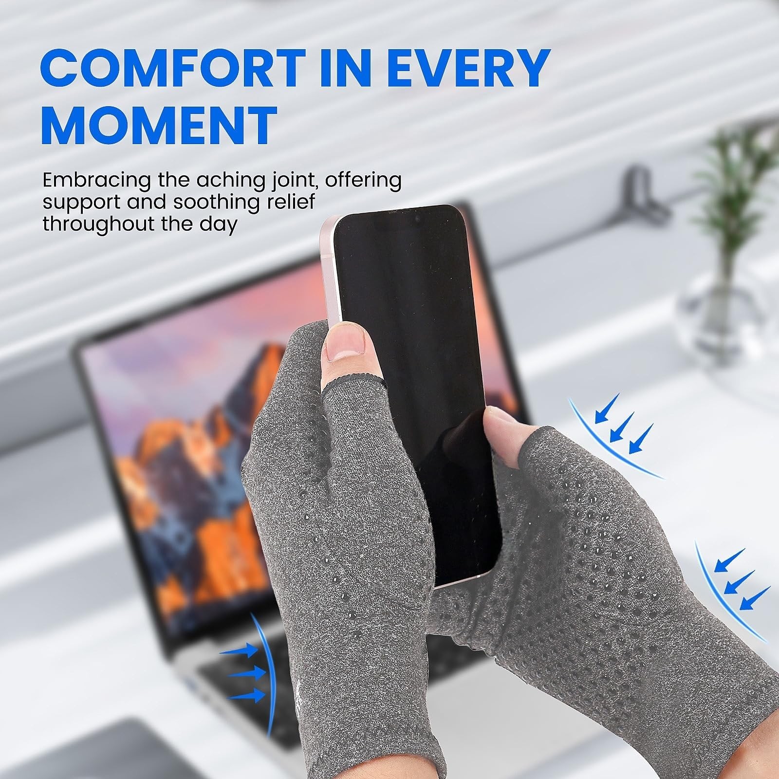 Arthritis Compression Gloves Fingerless, Pain Relief, Anti-Slip, Light Gray, M