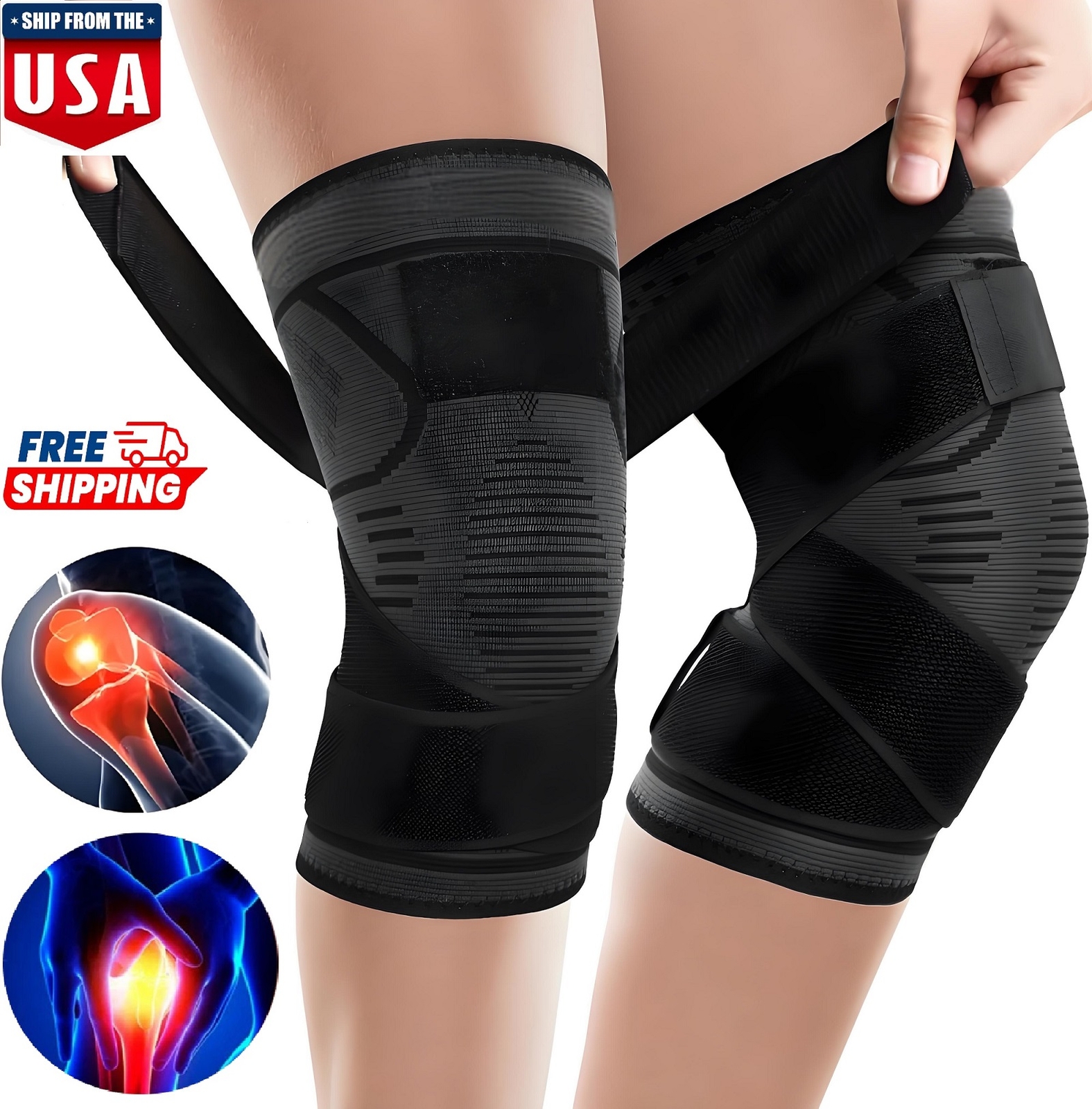 2× Knee Brace Compression Sleeve w/ Strap Knee Support Arthritis Pain Relief USA