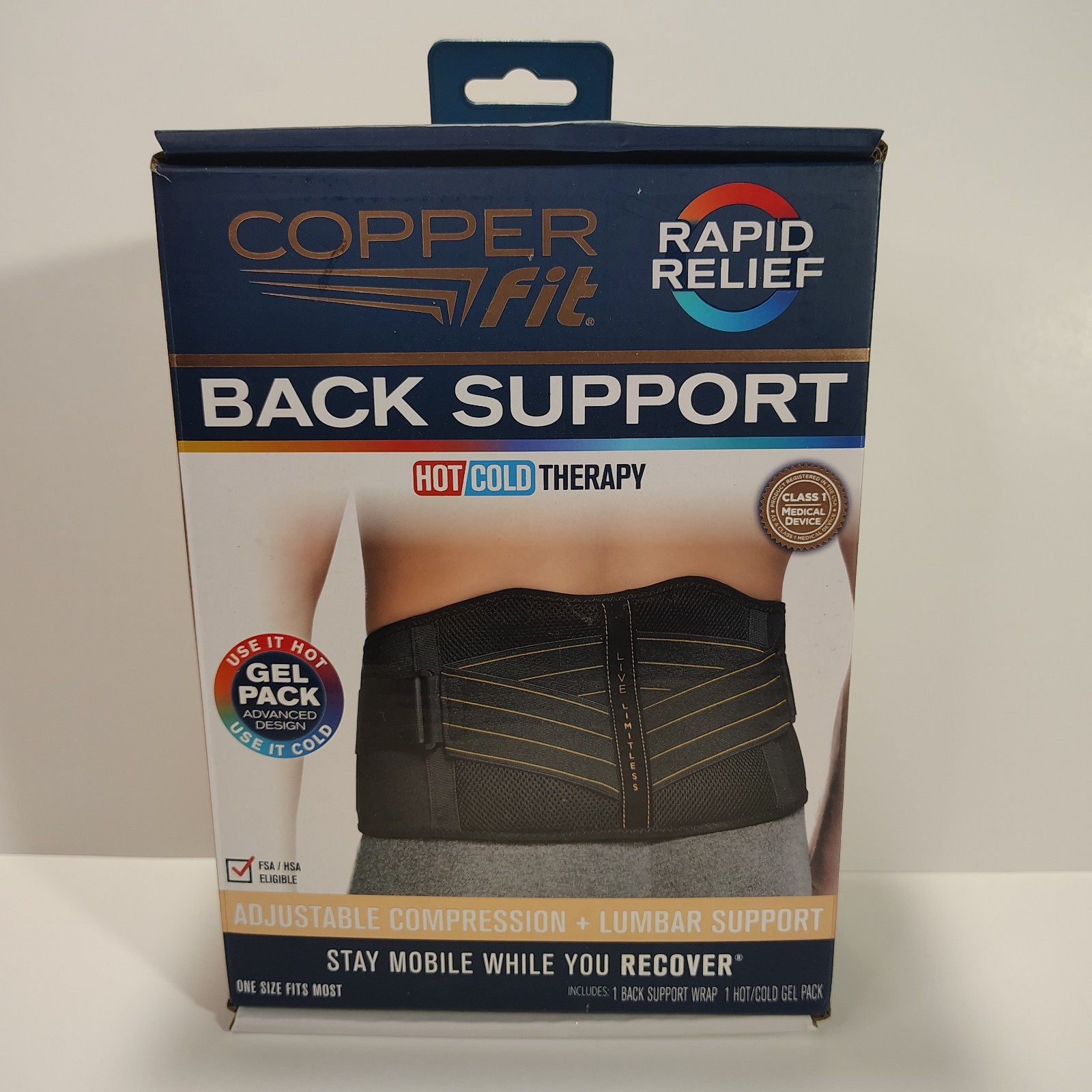 Copper Fit Rapid Relief Back Support Hot Cold Therapy Lumbar Brace Belt