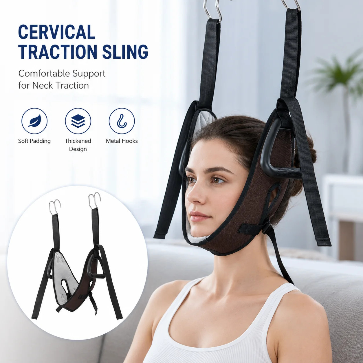 Cervical Traction Sling Neck Traction Harness with Metal Hooks Pull Rings