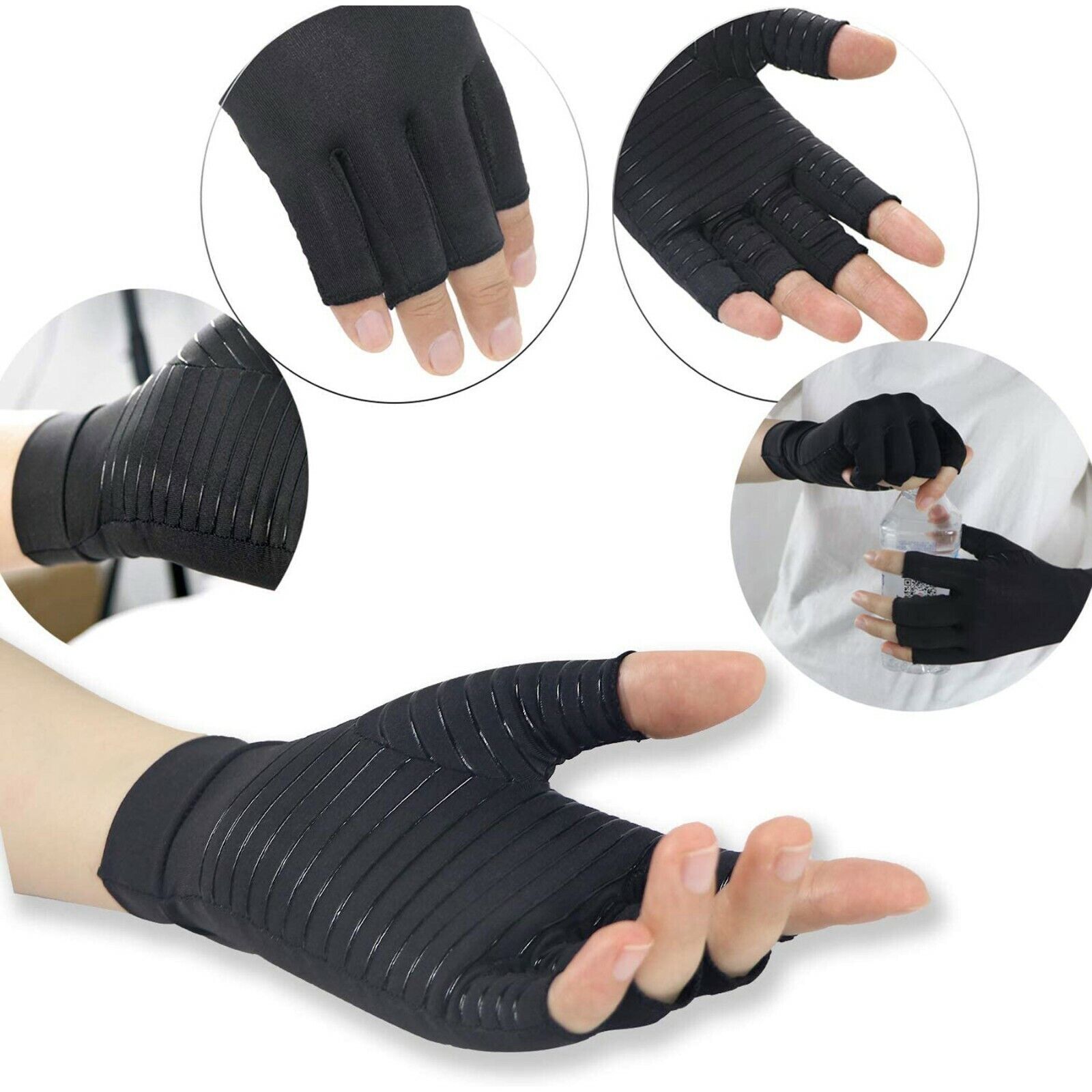 2 Pairs Fingerless Copper Compression Arthritis Gloves Carpal Joint Pain Relief