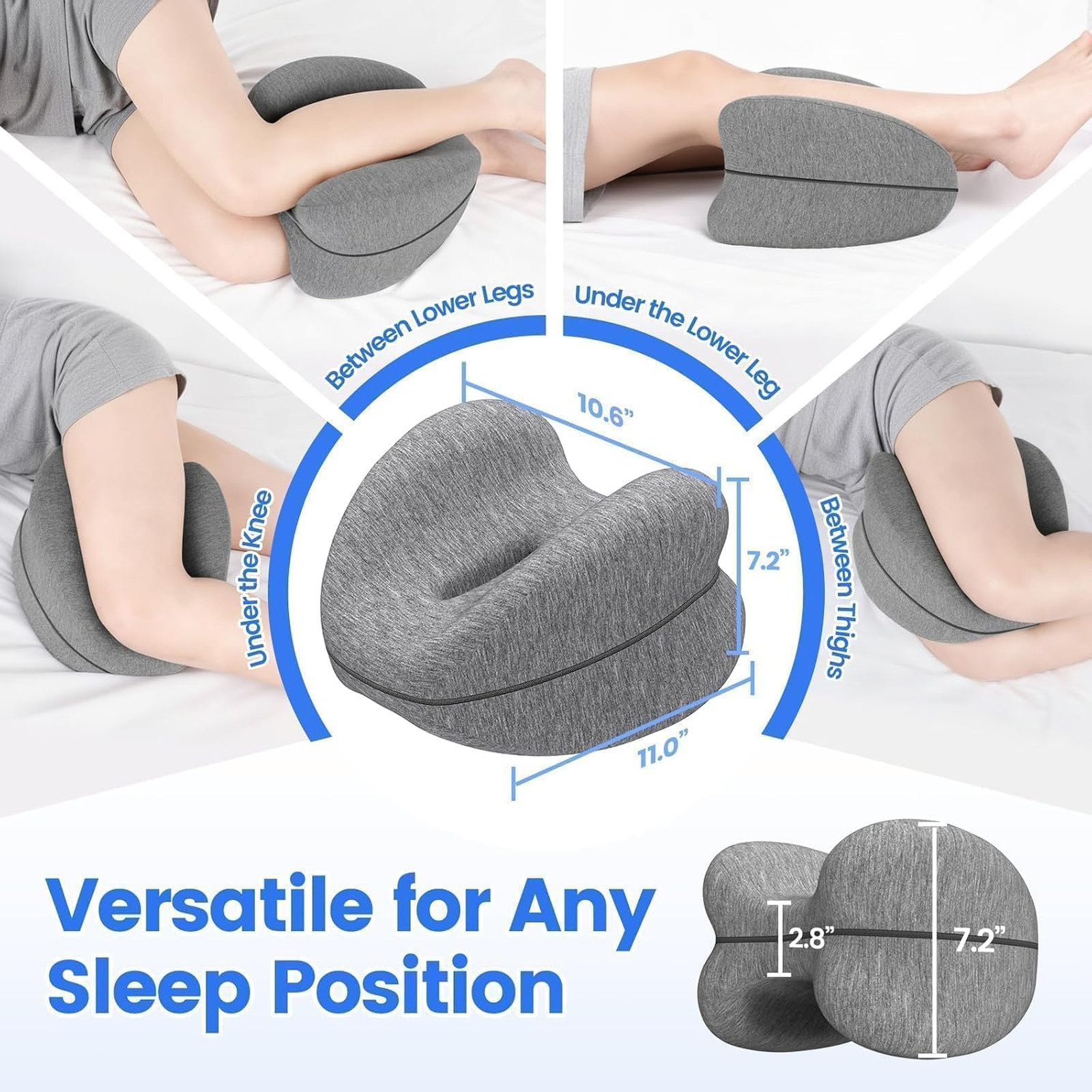 Knee Pillow for Side Sleepers Memory Foam Support with Washable Cover Grey Leg