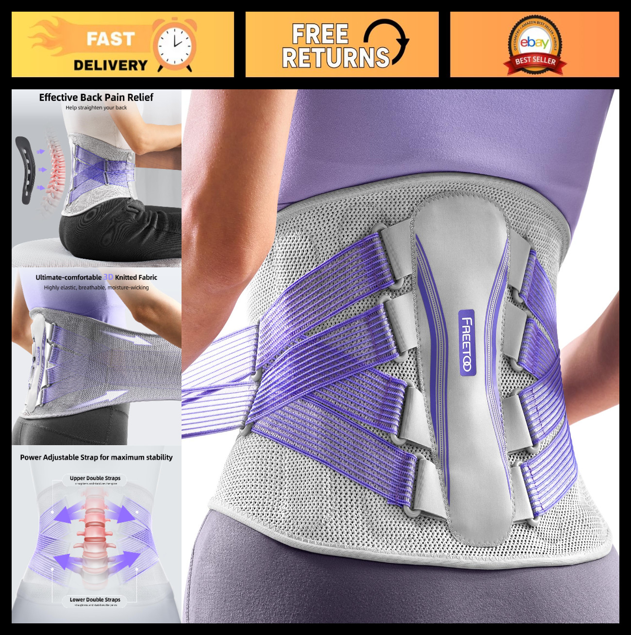 Lower Back Support Brace for Pain Relief, 3D Knitted Fabric, Lumbar Pad, Sciatic