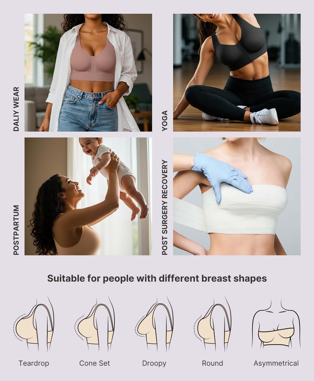 SHAPELLX Women Post Surgery Bra Front Closure Wireless Everyday Bra Post Op S…