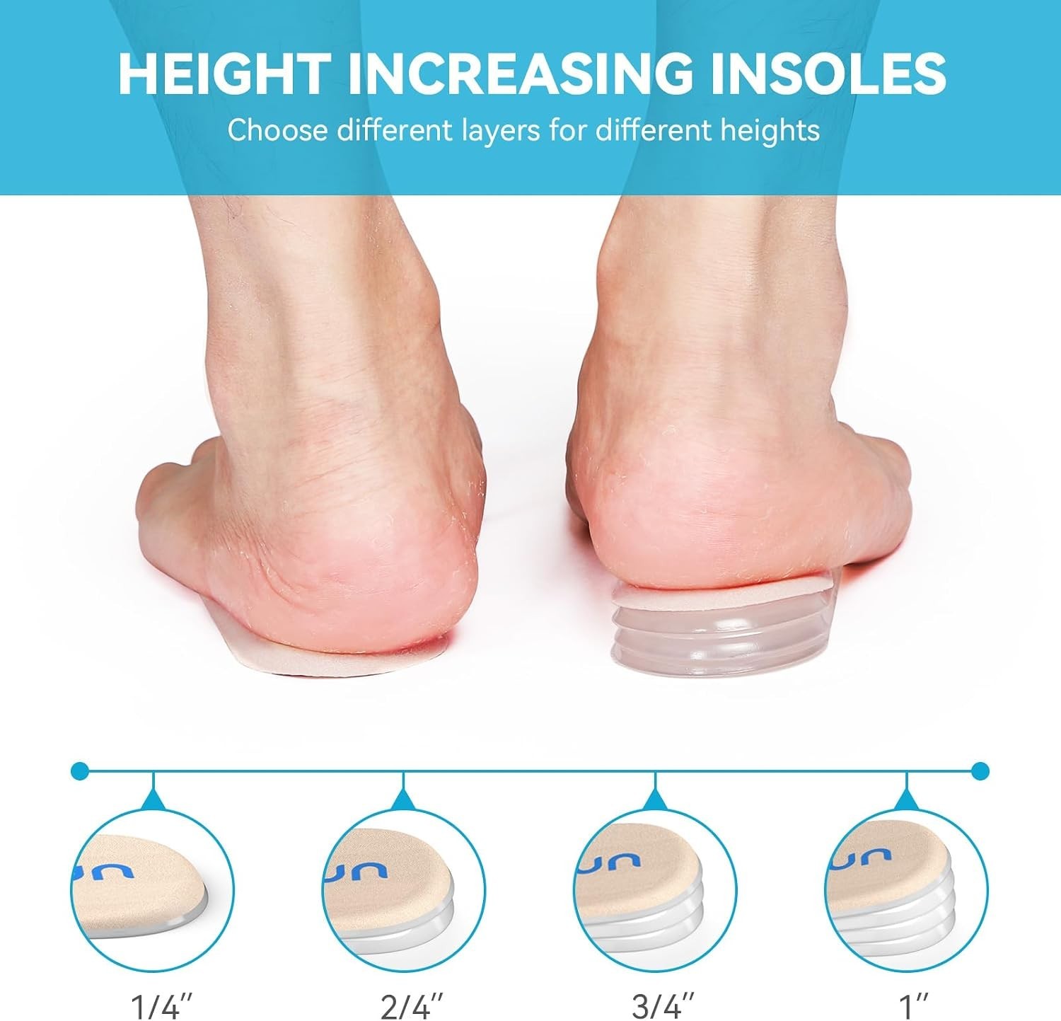 Adjustable Gel Heel Lifts (1 Pair), 1″ Height Increase Insoles with High-Density