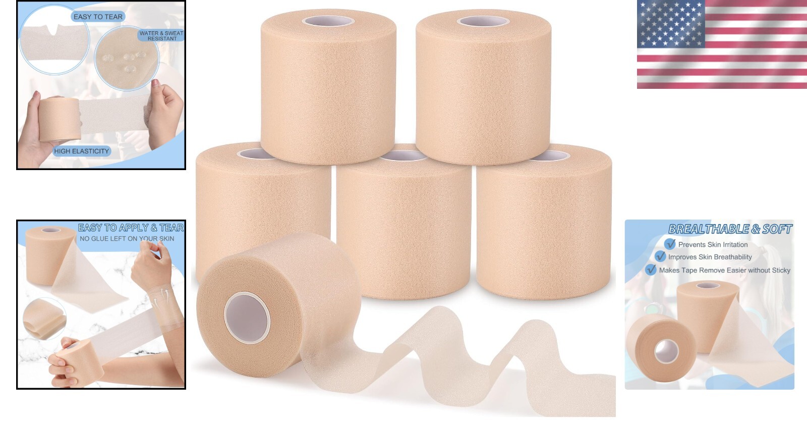 Elastic Pre-Wrap Athletic Tape for Versatile Body Support – Set of 5 Rolls