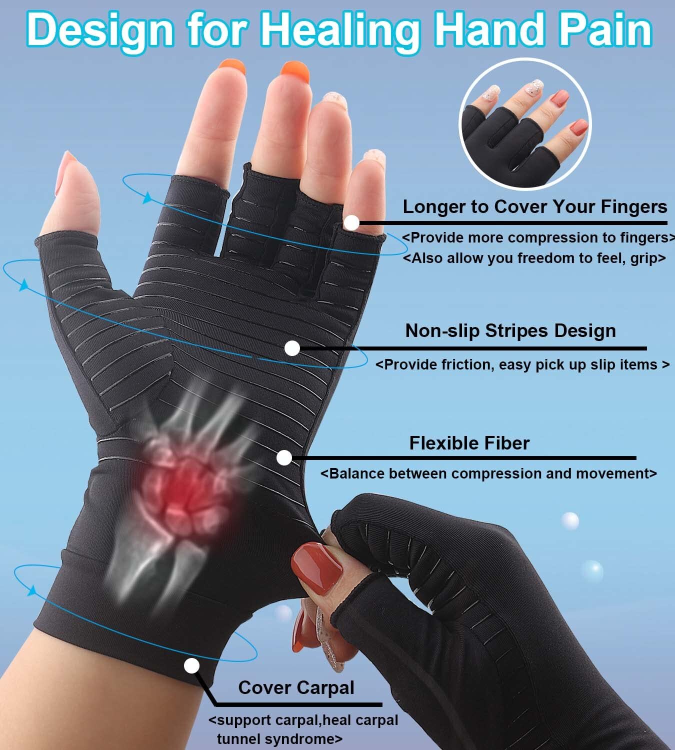 2 Pairs Compression Copper Arthritis Gloves Joint Carpal Tunnel Pain Relief Fit