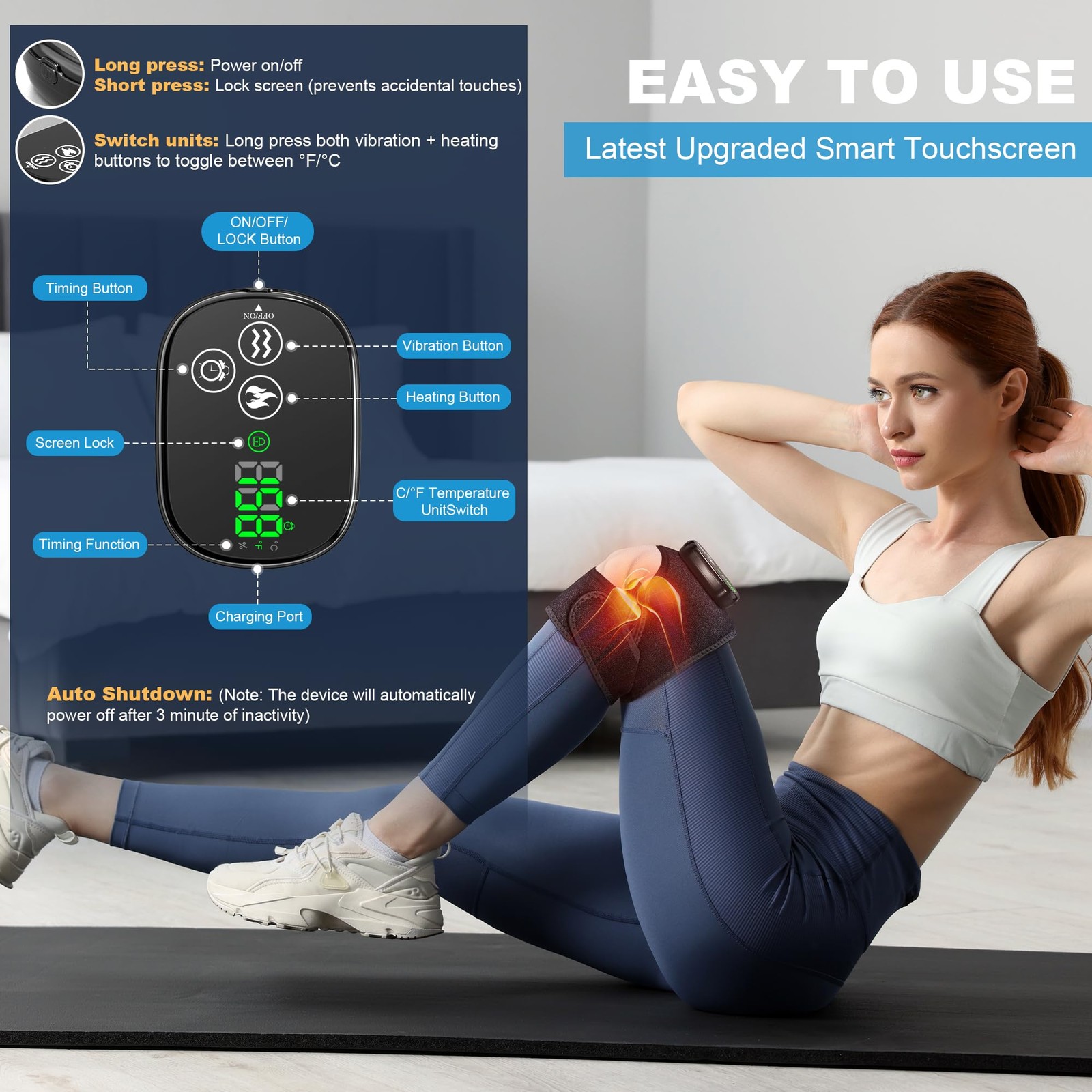 Electric Heated Knee Massager, 3-in-1 Cordless Knee Brace with Heat and Massage
