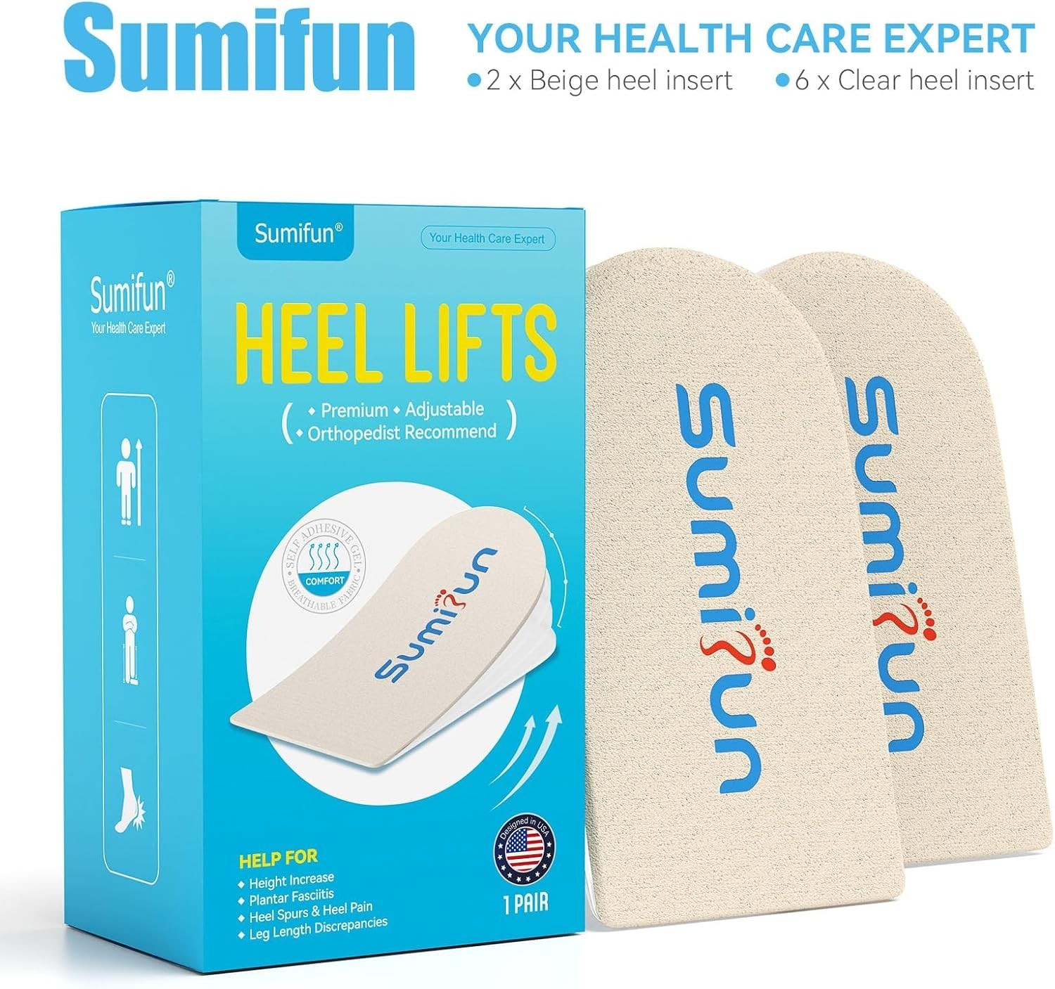 Adjustable Gel Heel Lifts (1 Pair), 1″ Height Increase Insoles with High-Density