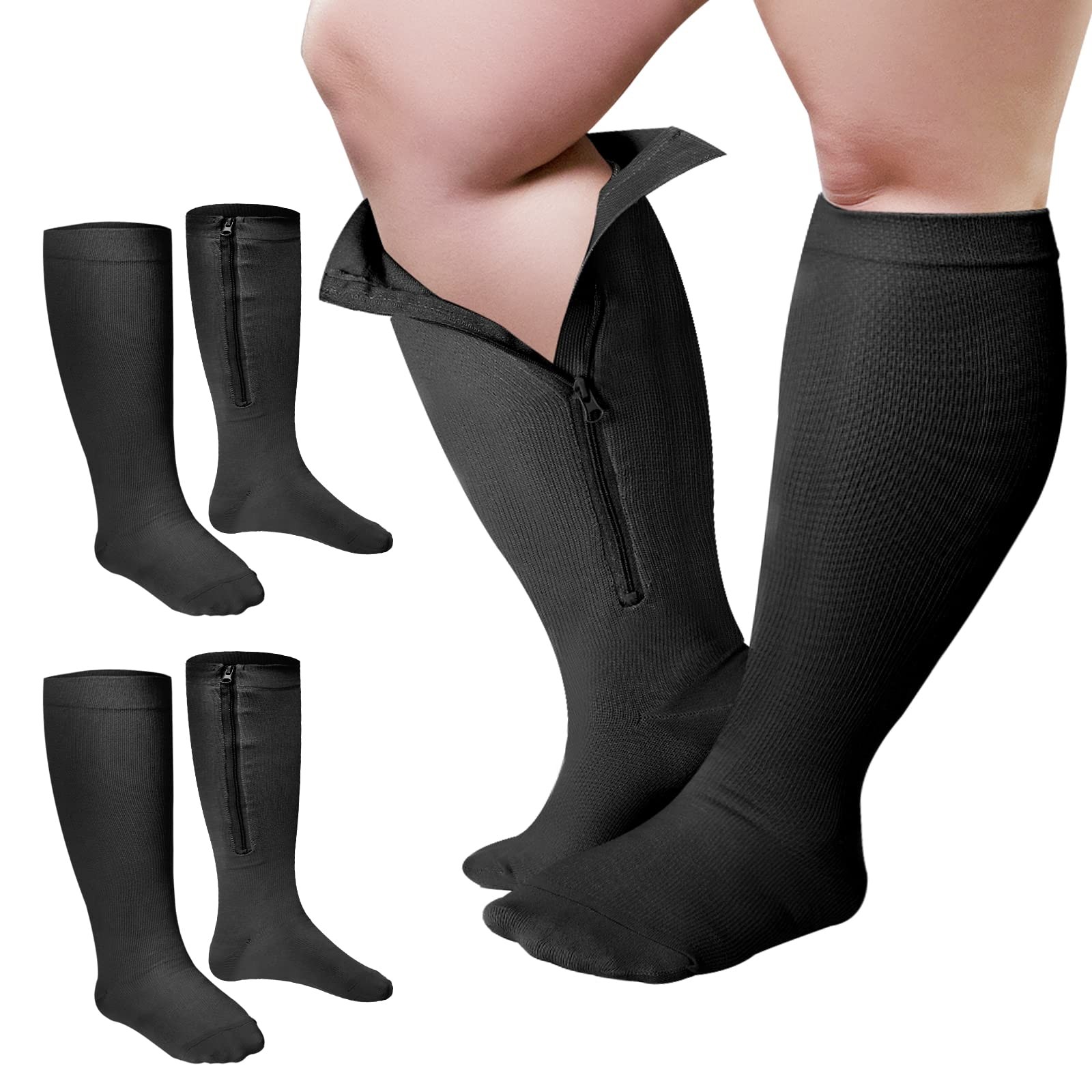 Wide Calf Plus Size Zip Compression Socks,3X-Large,Black