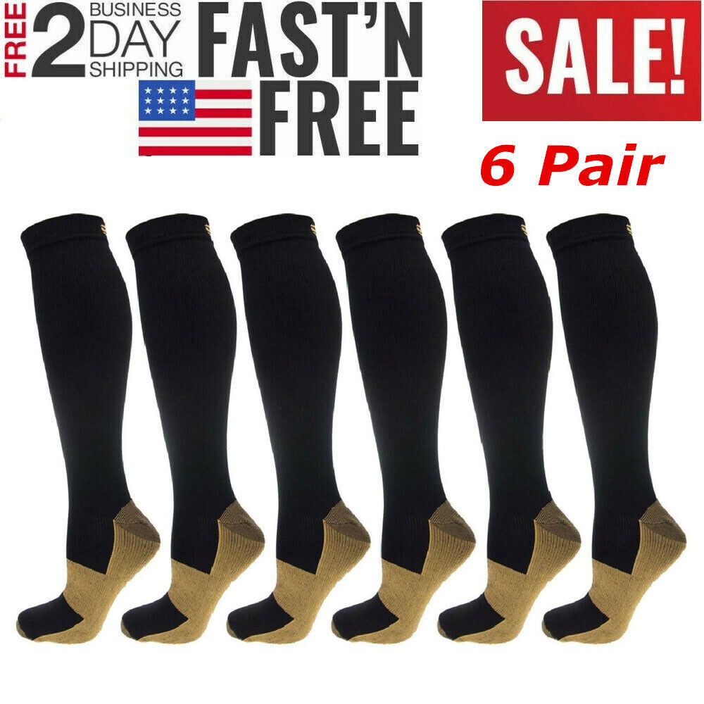 (S-XXL) Copper Compression Support Socks 20-30mmHg Knee High Unisex 3/6 Pairs–