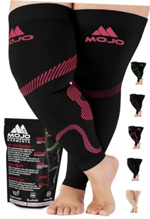 – 20-30mmHg Graduated Support Thigh-Hi Leg Sleeves with Grip Medium Hot Pink